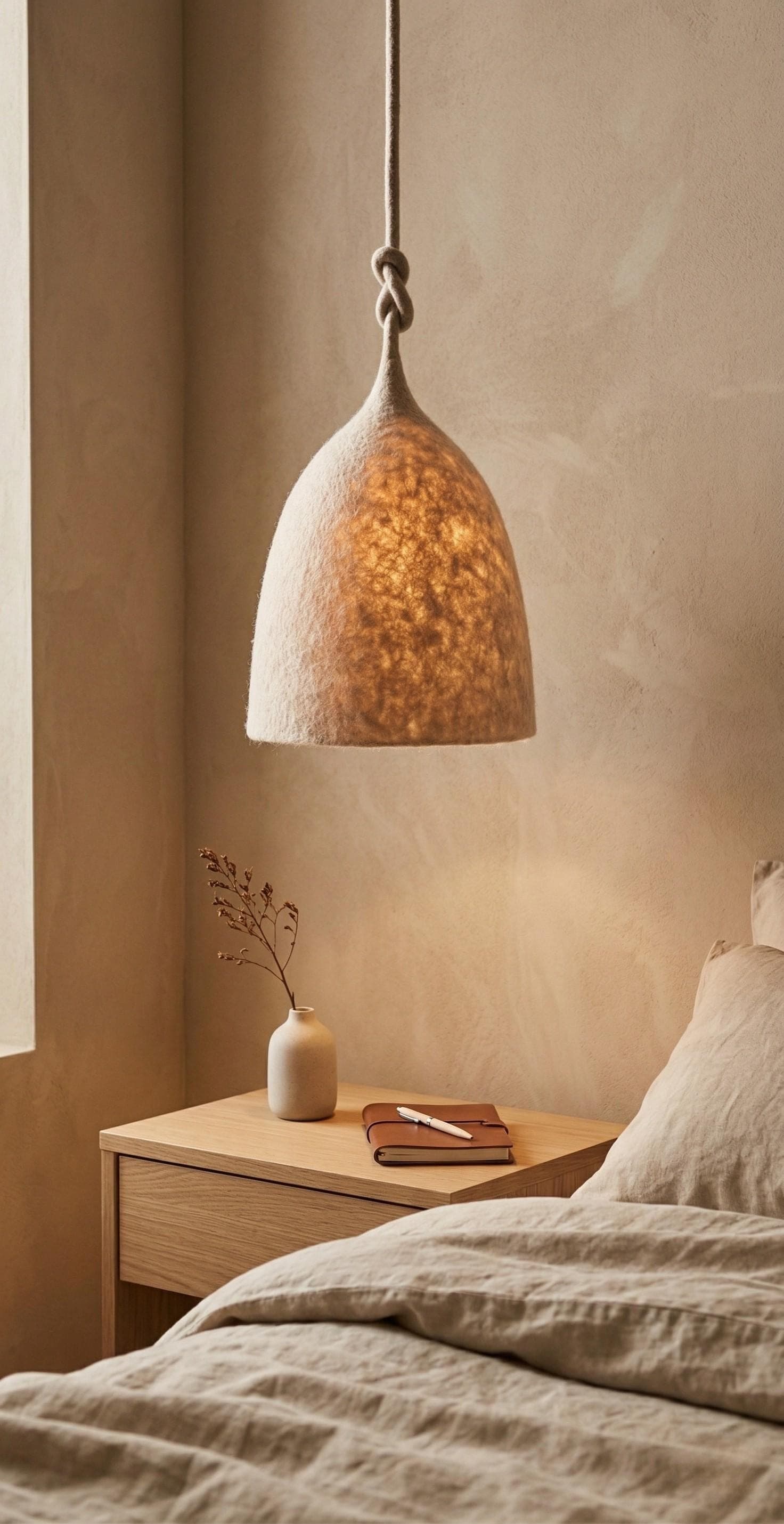 Felt Wool Pendant Light – Handmade Boho Ceiling Lamp – Natural Fiber Hanging Light – Minimalist Scandinavian Lighting – Cozy Home Decor