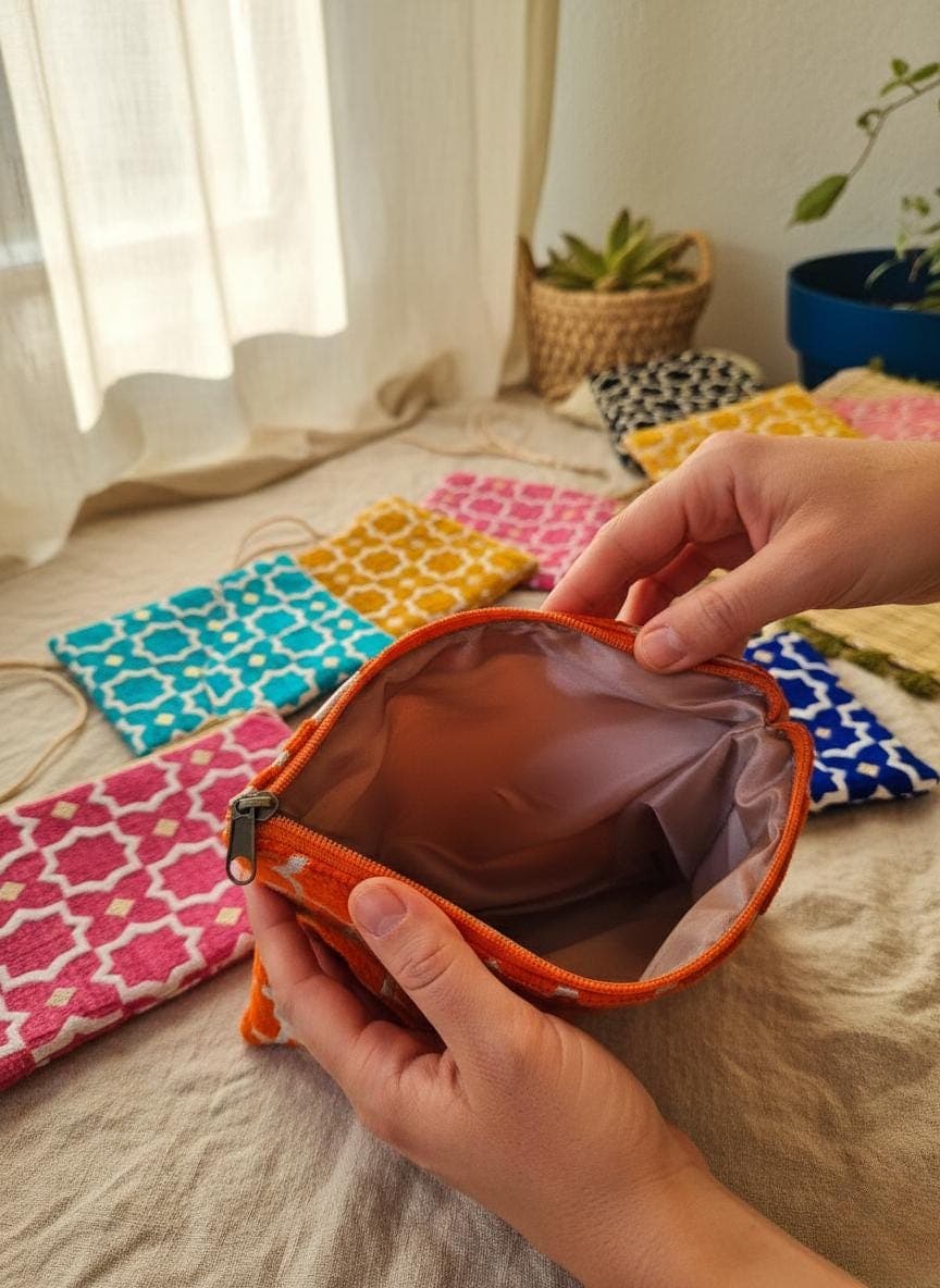 Pochette Zippée Velours Brocard Marocain - Trousse Maquillage Artisanale - Sac à Main Ethnique Fait Main