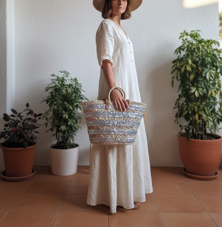 Sac cabas en paille brodée de sequins gris – Anses cuir et fermeture filet – Artisanat marocain chic et bohème