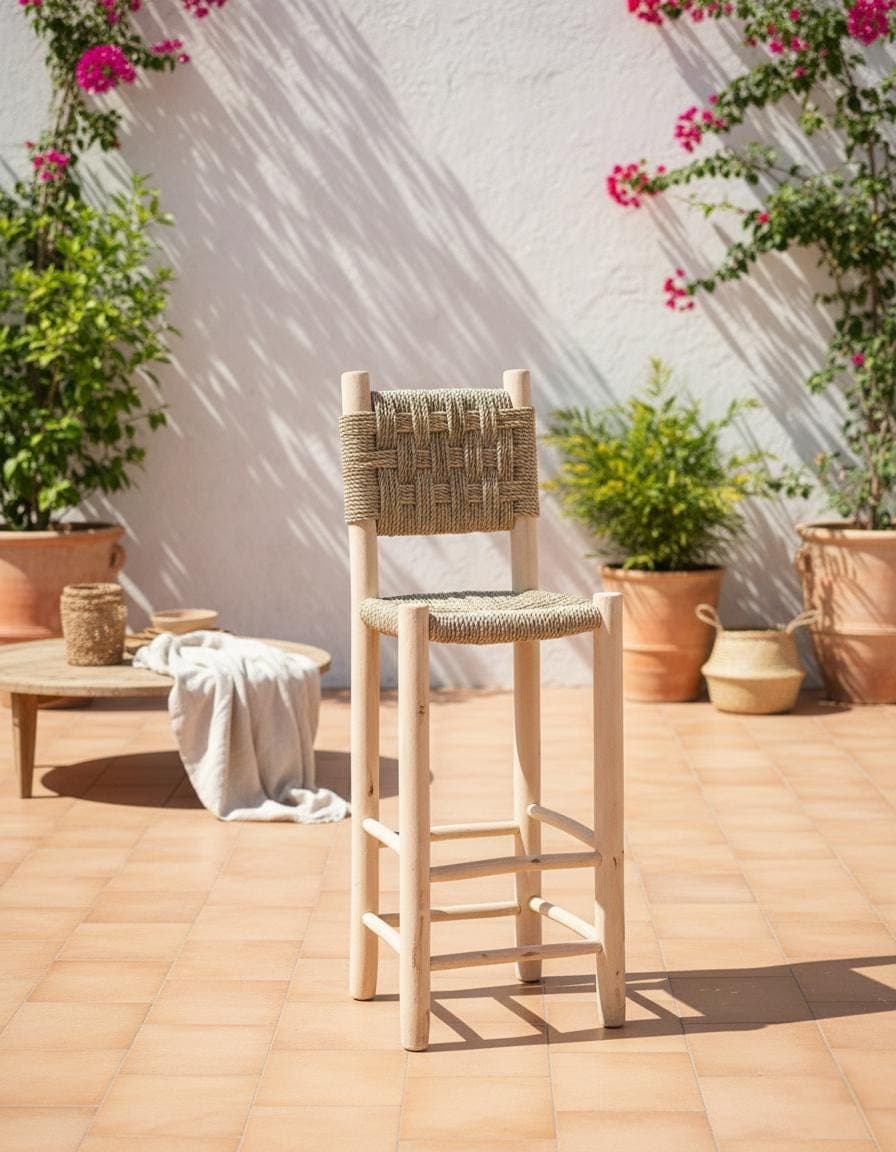 Tabouret de Bar Marocain Fait Main - Bois Eucalyptus et Feuille de Palmier - Chaise Haute Artisanale Bohème
