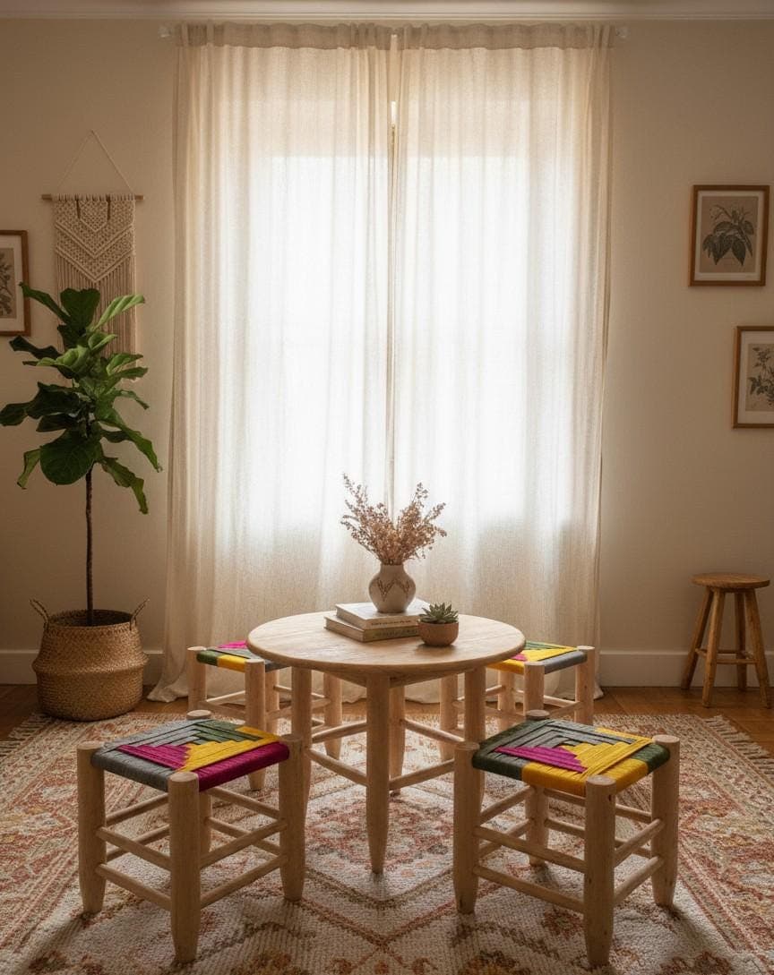 Tabouret artisanal marocain en bois et corde colorée
