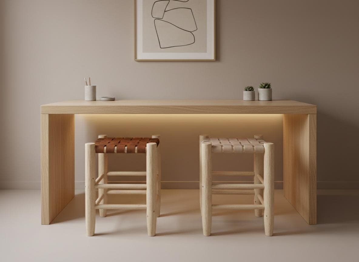 Tabouret artisanal en bois et cuir tressé – cuir foncé ou cuir clair – Style bohème chic et rustique moderne