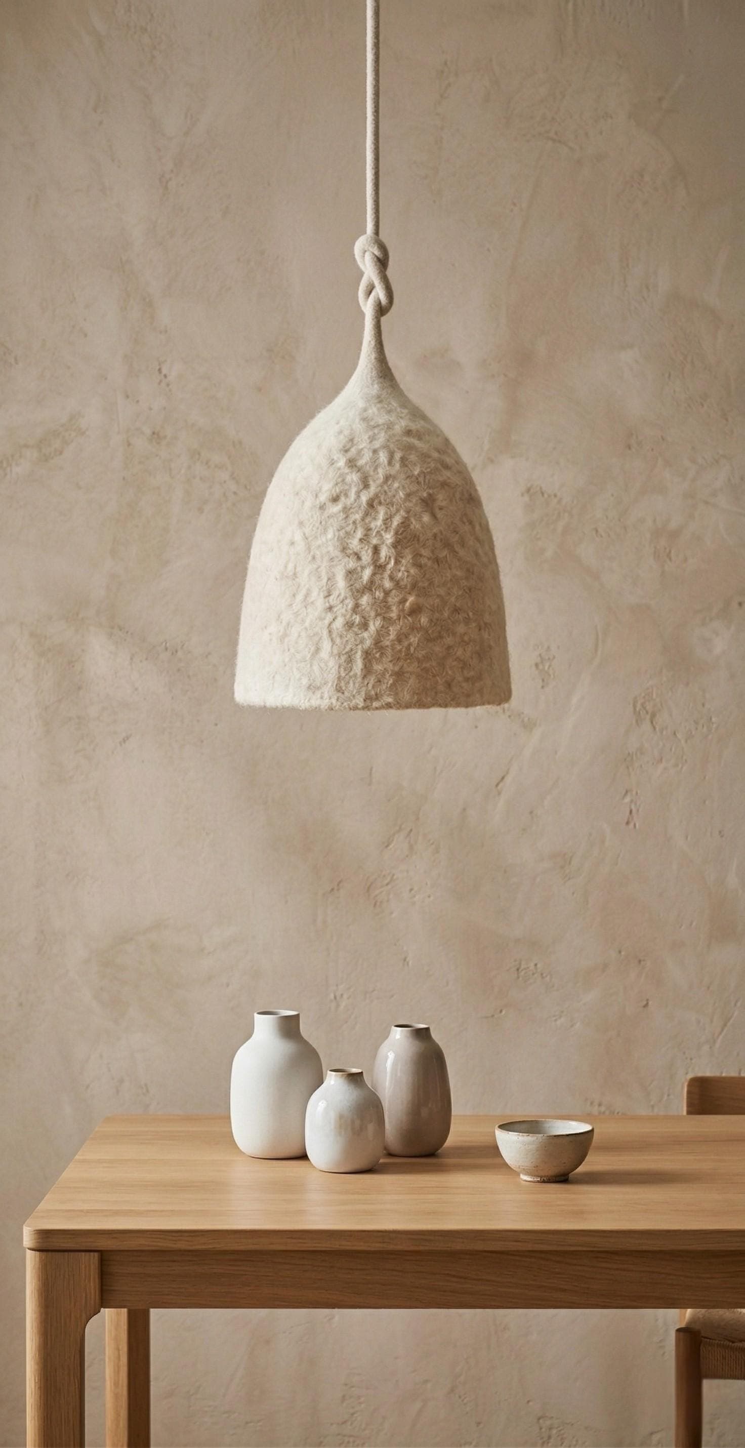 Felt Wool Pendant Light – Handmade Boho Ceiling Lamp – Natural Fiber Hanging Light – Minimalist Scandinavian Lighting – Cozy Home Decor
