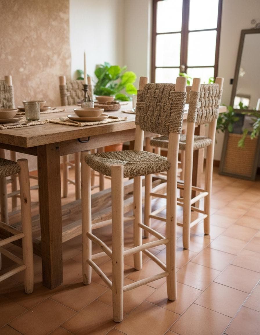 Tabouret de Bar Marocain Fait Main - Bois Eucalyptus et Feuille de Palmier - Chaise Haute Artisanale Bohème
