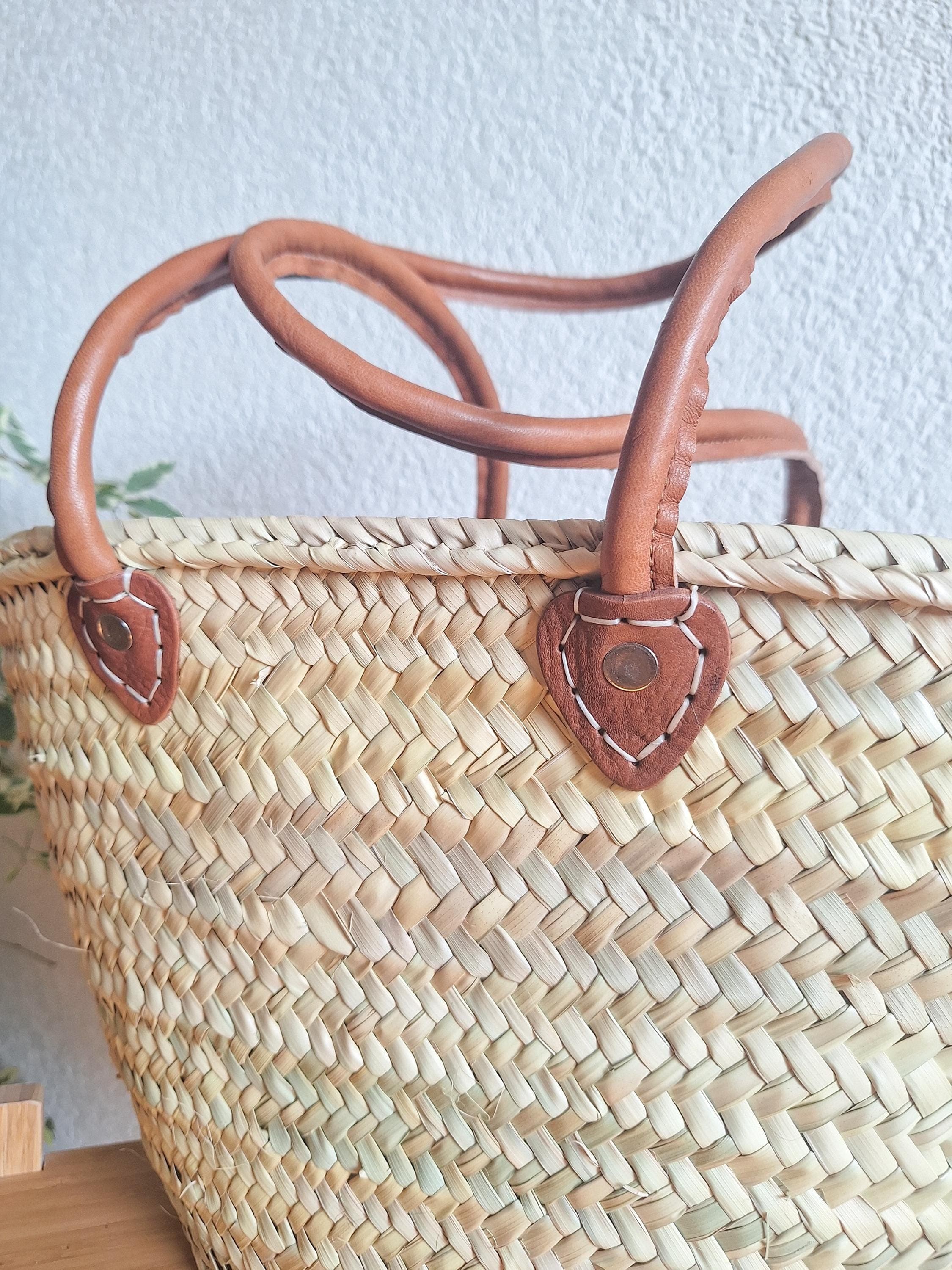 Panier cabas en paille tressée avec anses en cuir – Panier d’été fait main – Sac artisanal marocain bohème chic