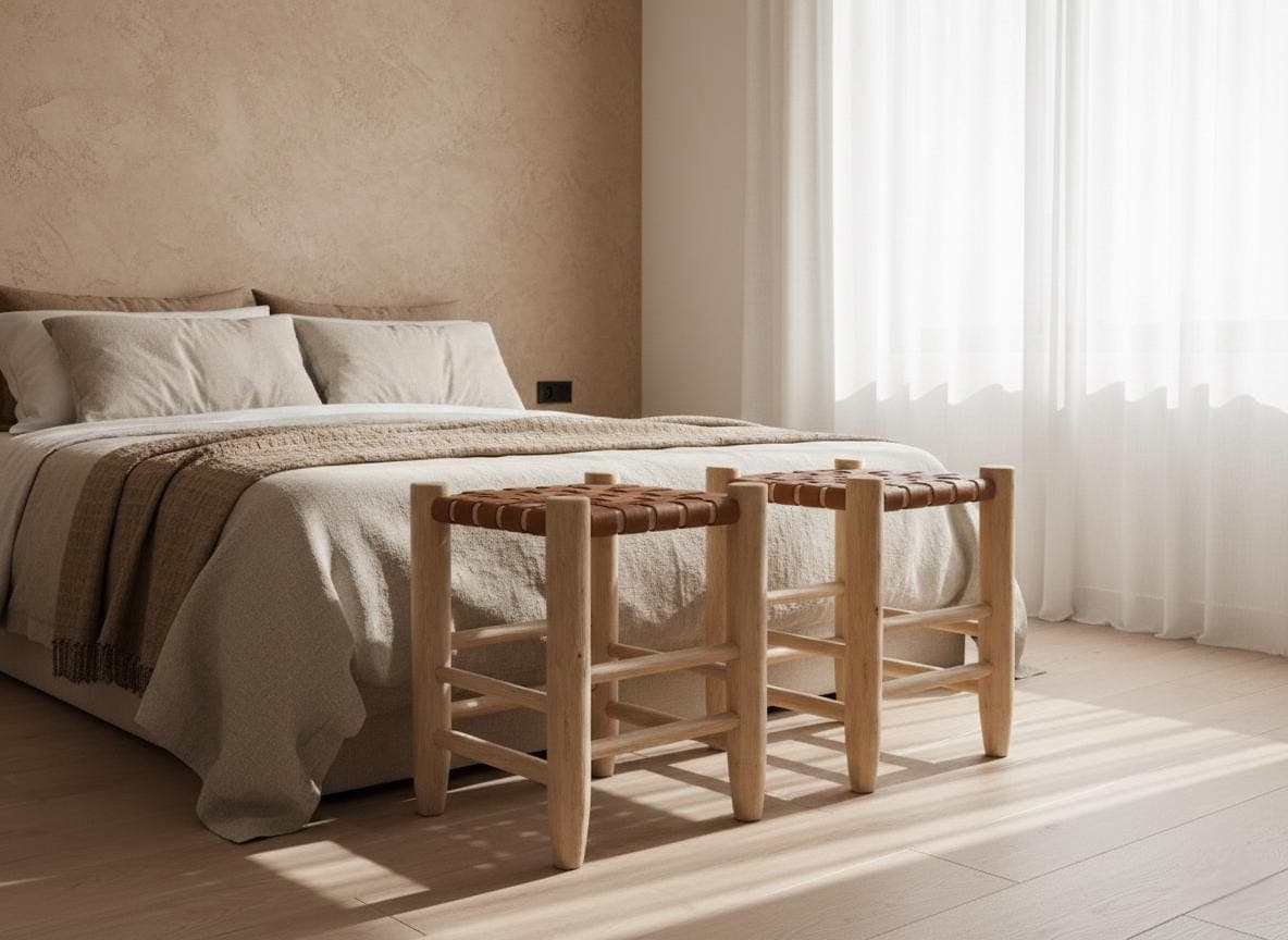 Tabouret artisanal en bois et cuir tressé – cuir foncé ou cuir clair – Style bohème chic et rustique moderne