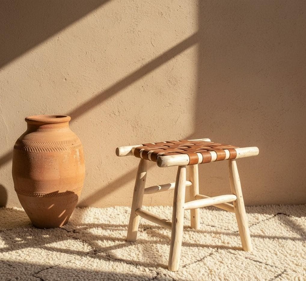 Tabouret en bois et cuir tressé