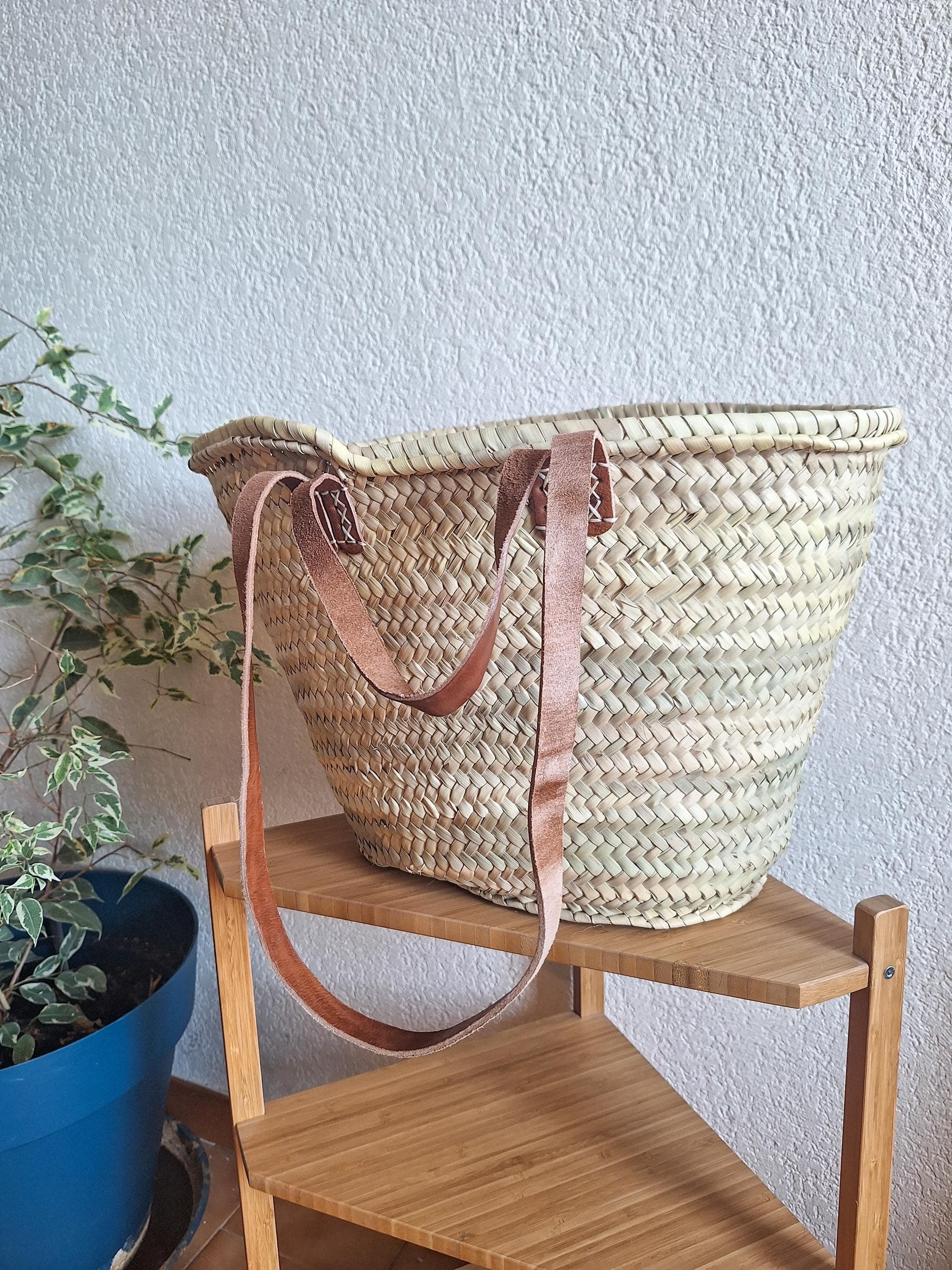 Panier cabas en paille avec double anses cuir