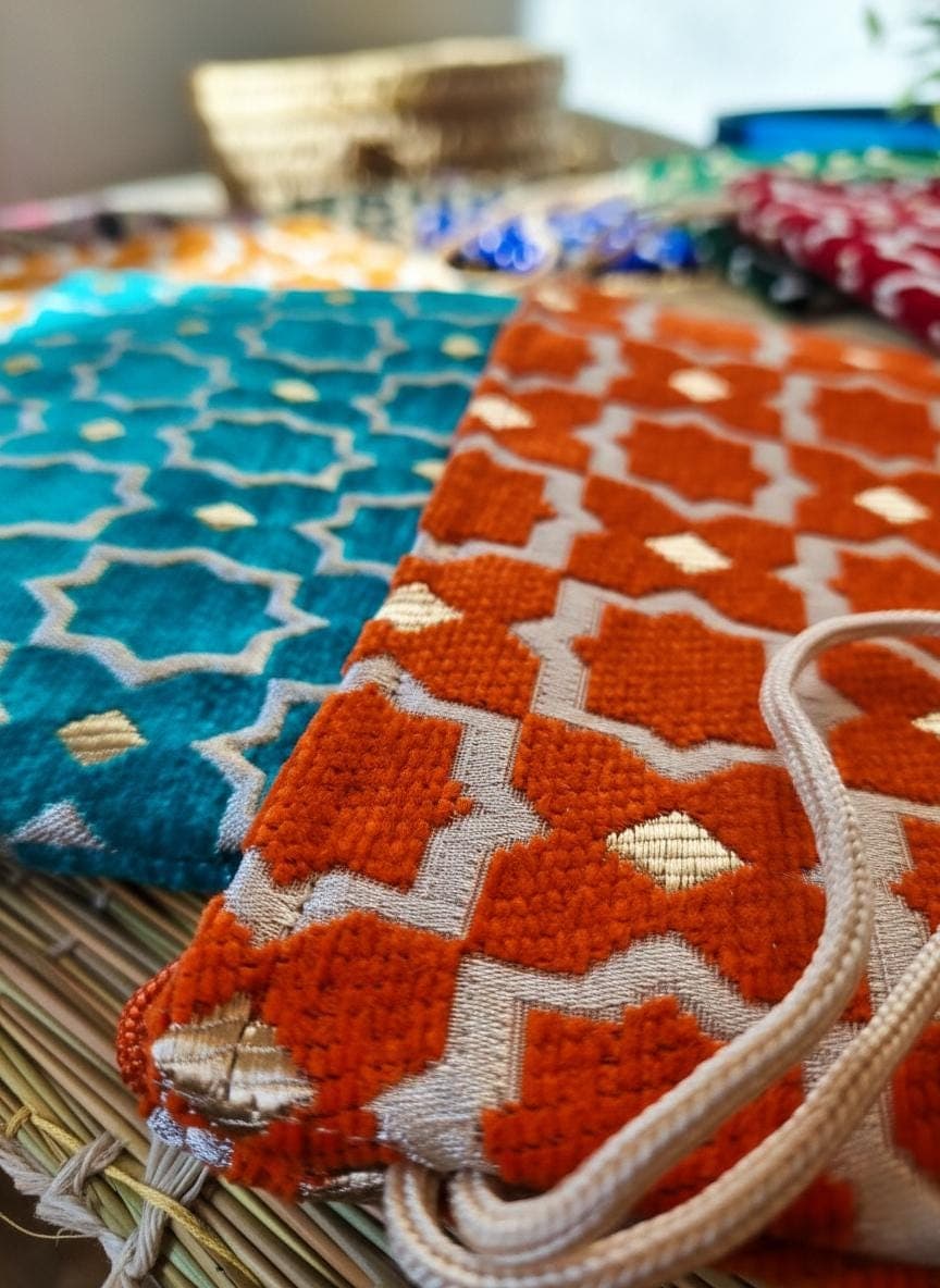 Pochette Zippée Velours Brocard Marocain - Trousse Maquillage Artisanale - Sac à Main Ethnique Fait Main