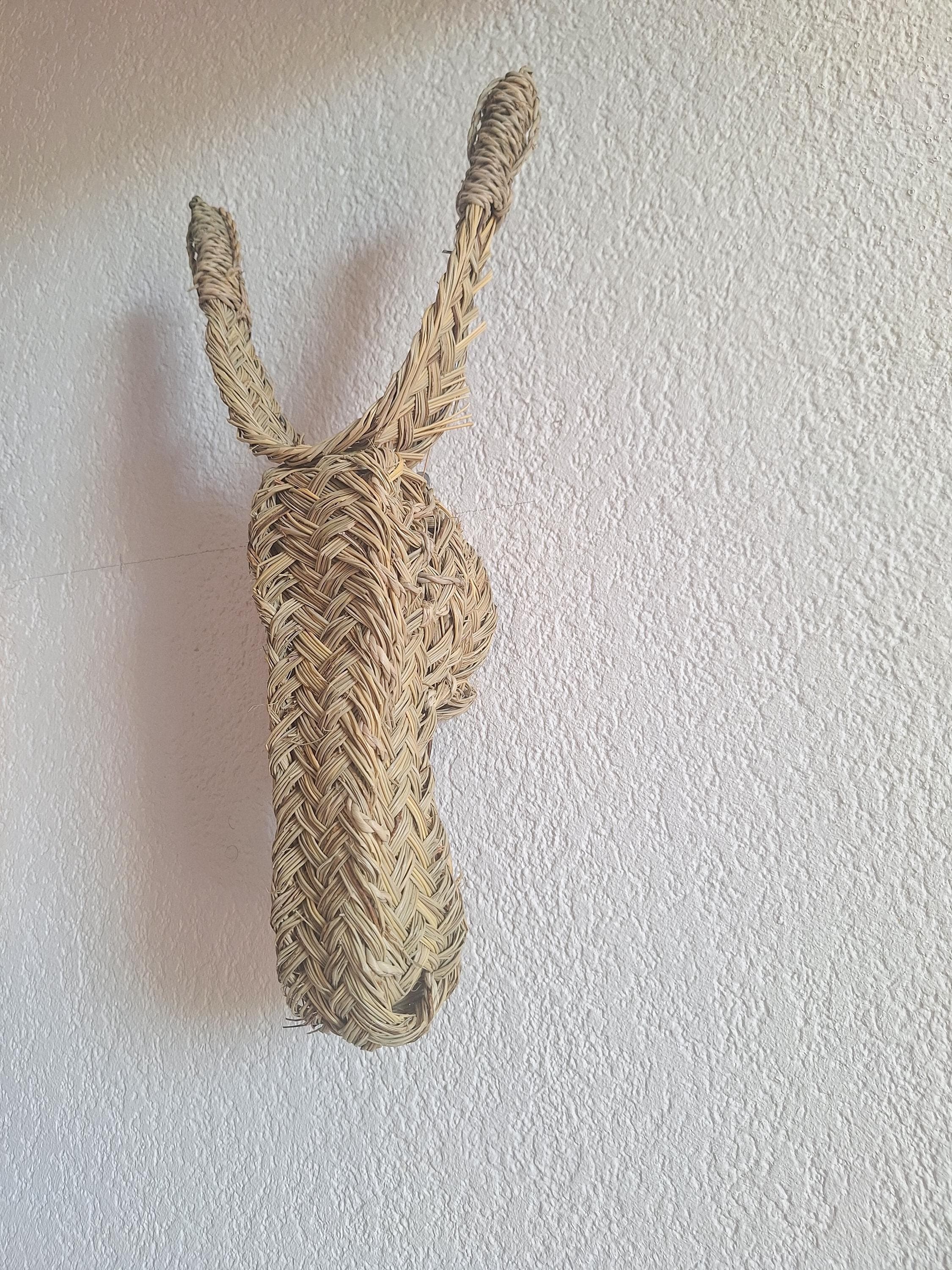 Trophée Mural Tête d'Âne en Paille Tressée - Décoration Murale Bohème Artisanale - Sculpture Animale Naturelle