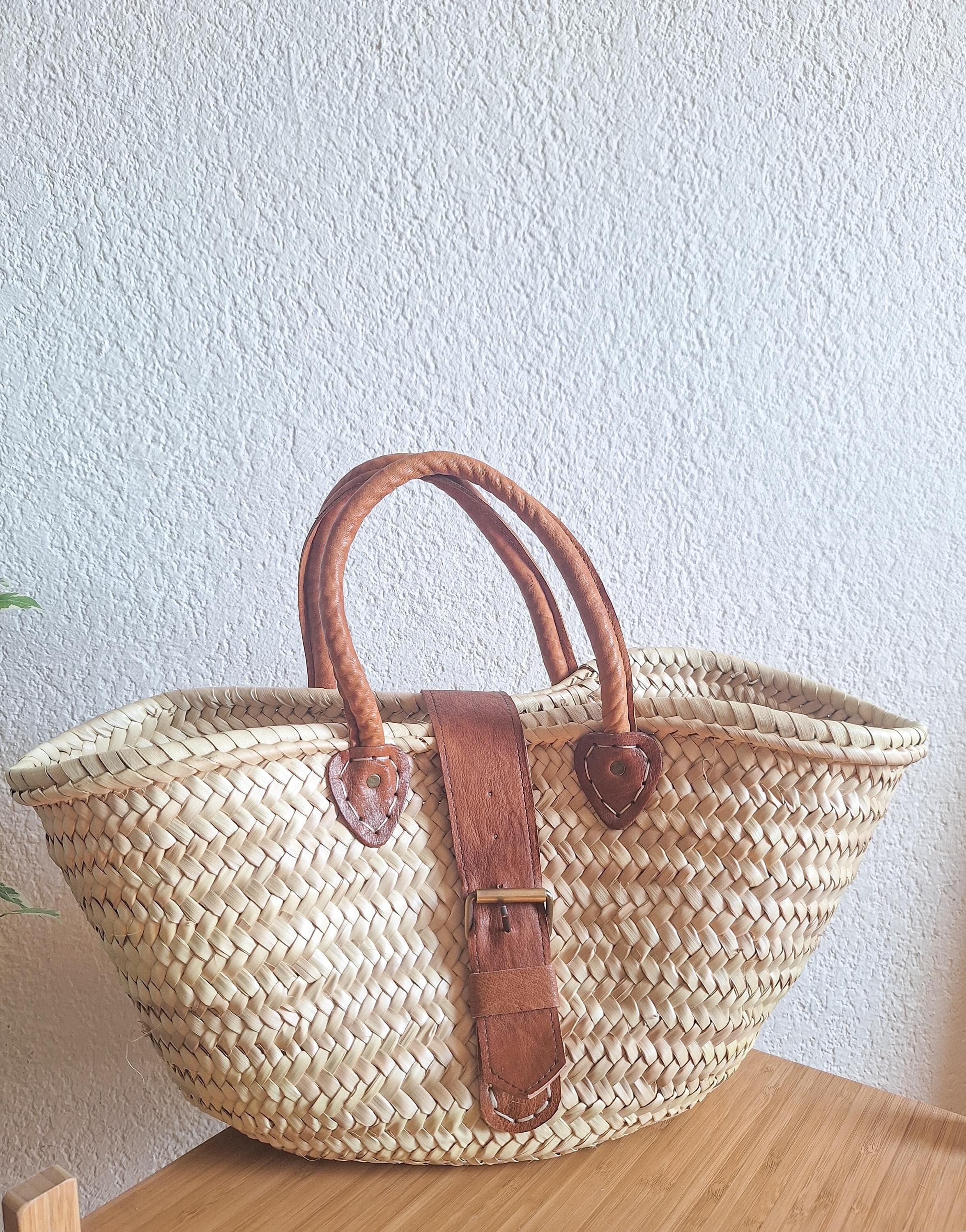Panier cabas en paille avec poignée et fermeture en cuir – Sac bohème chic artisanal marocain – Sac d’été artisanal fait main