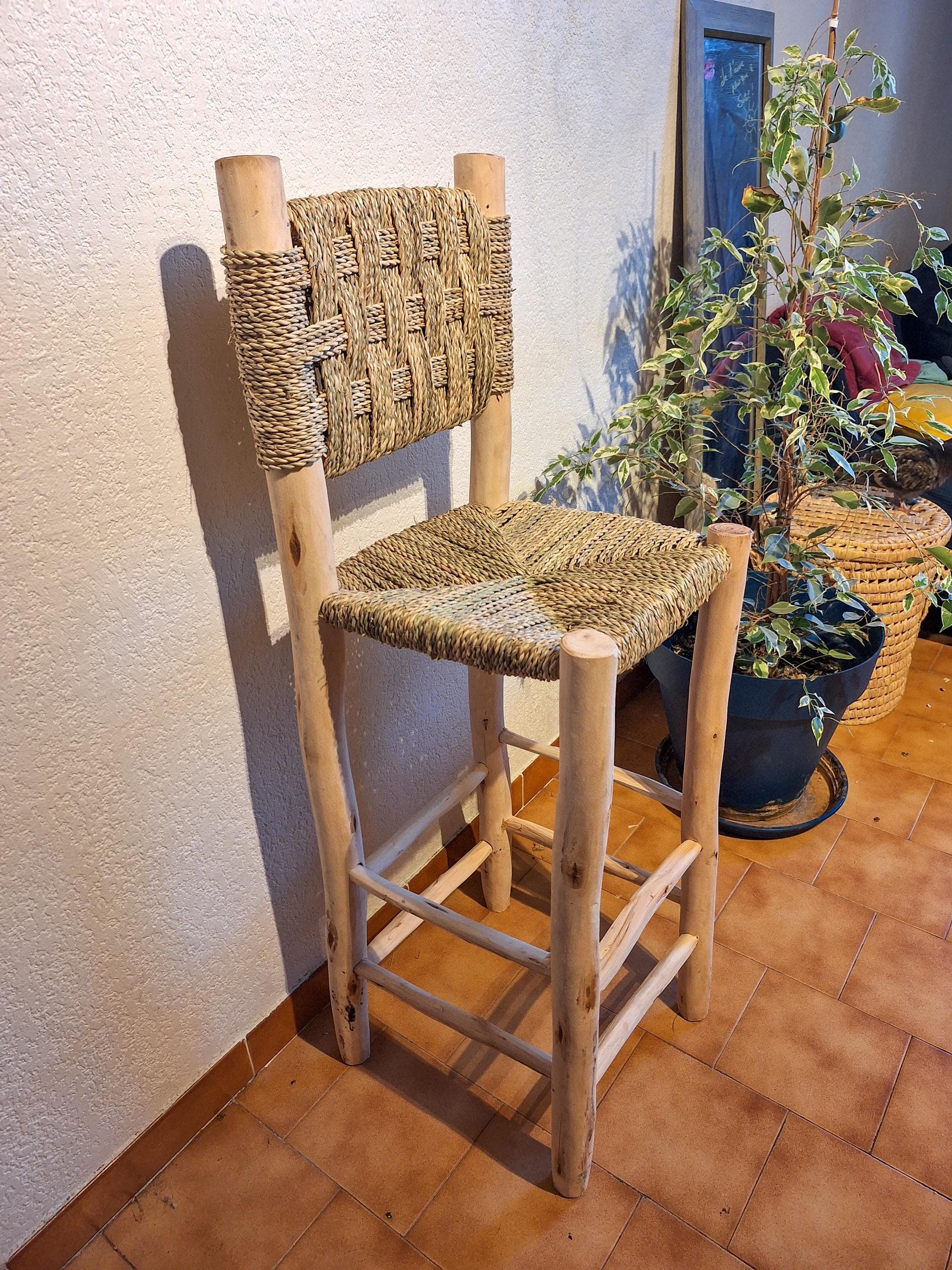 Tabouret de Bar Marocain Fait Main - Bois Eucalyptus & Feuille de Palmier - Chaise Haute Artisanale Bohème