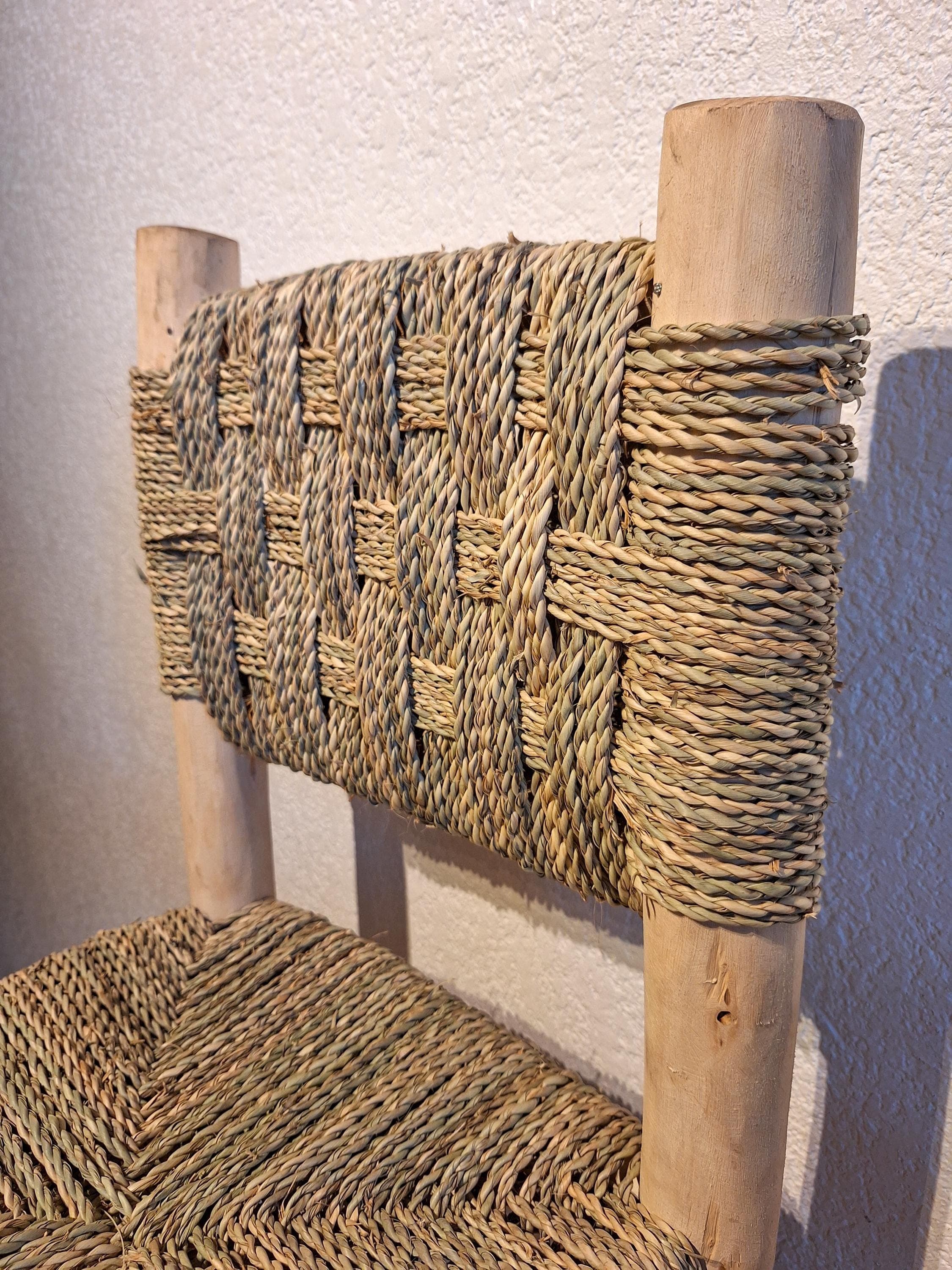 Tabouret de Bar Marocain Fait Main - Bois Eucalyptus & Feuille de Palmier - Chaise Haute Artisanale Bohème