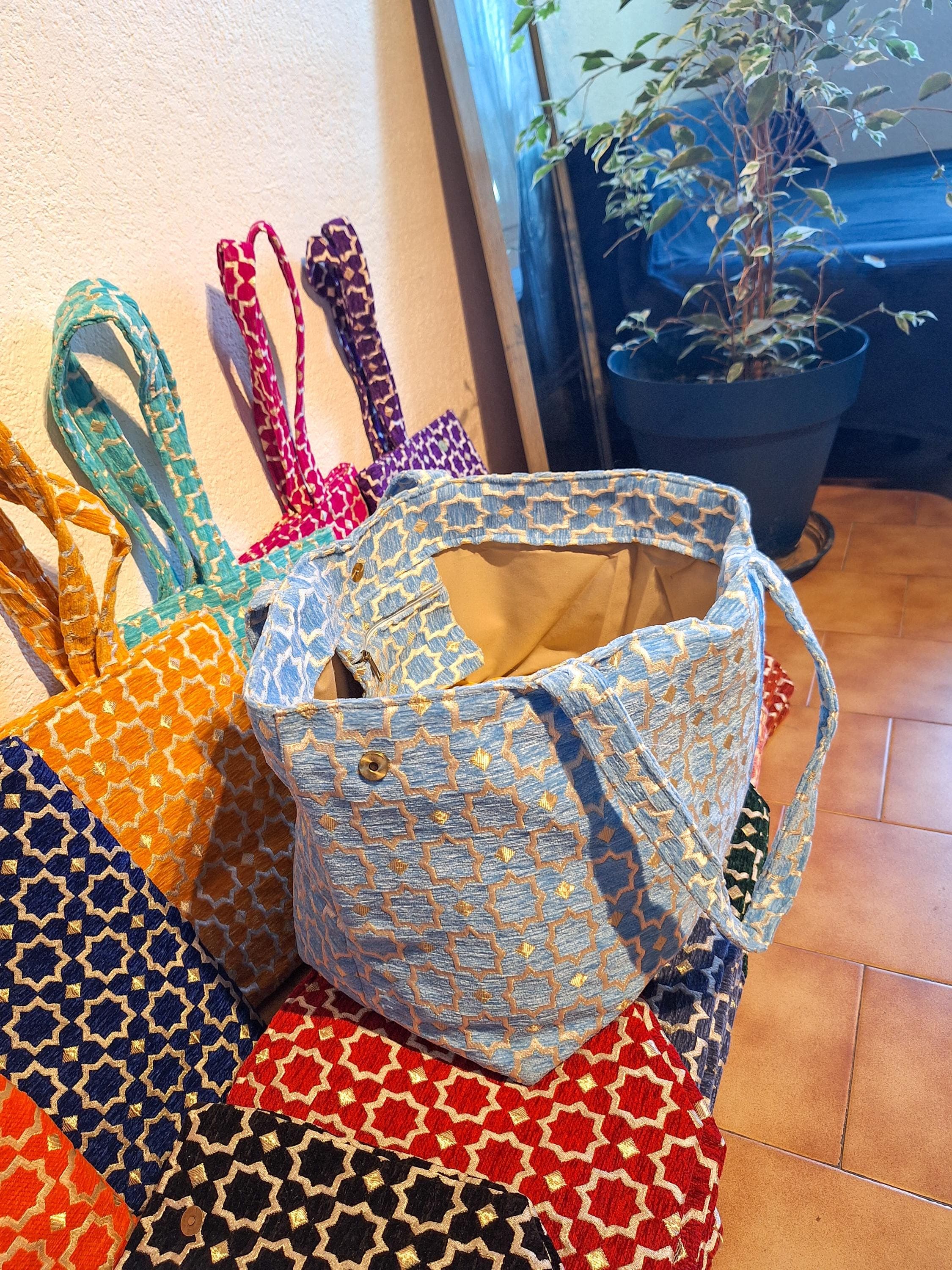 Large Embroidered Moroccan Tote Bag - Chic & Colorful Oriental Fabric - Shoulder Bag with Interior Pocket - 13 Colors