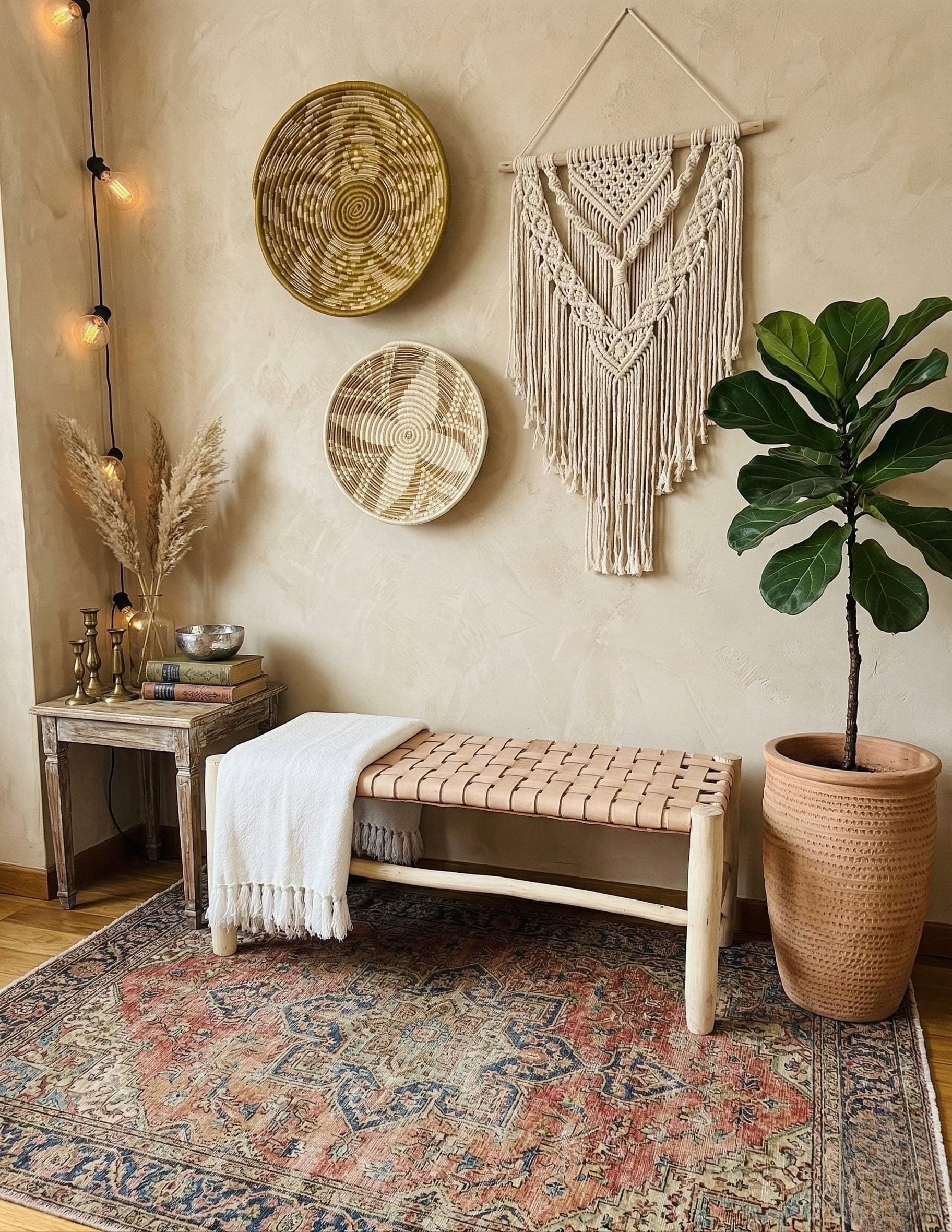 Banc artisanal en bois et cuir tressé – cuir foncé ou cuir clair – Style bohème chic et rustique moderne
