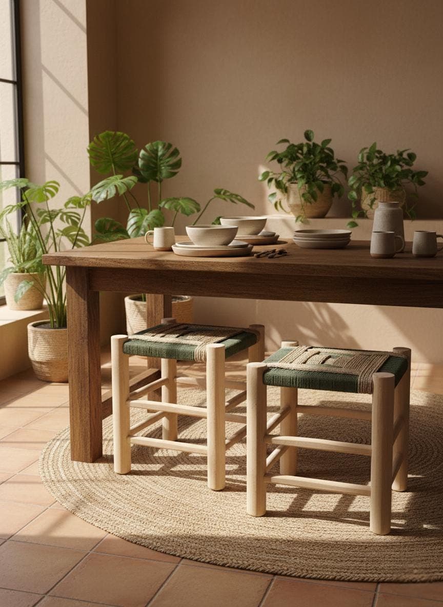 Tabouret marocain artisanal en bois et corde – Siège bohème en paille naturelle tressée