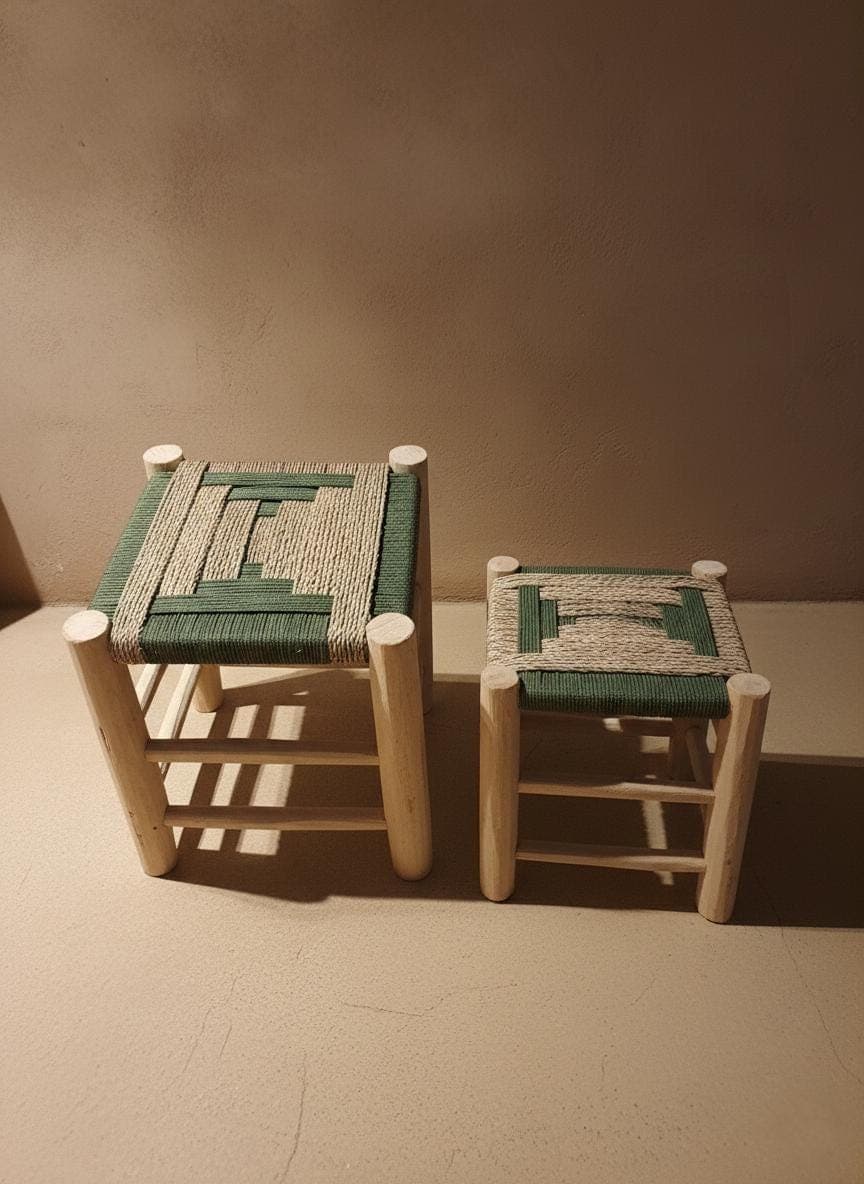 Tabouret marocain artisanal en bois et corde – Siège bohème en paille naturelle tressée