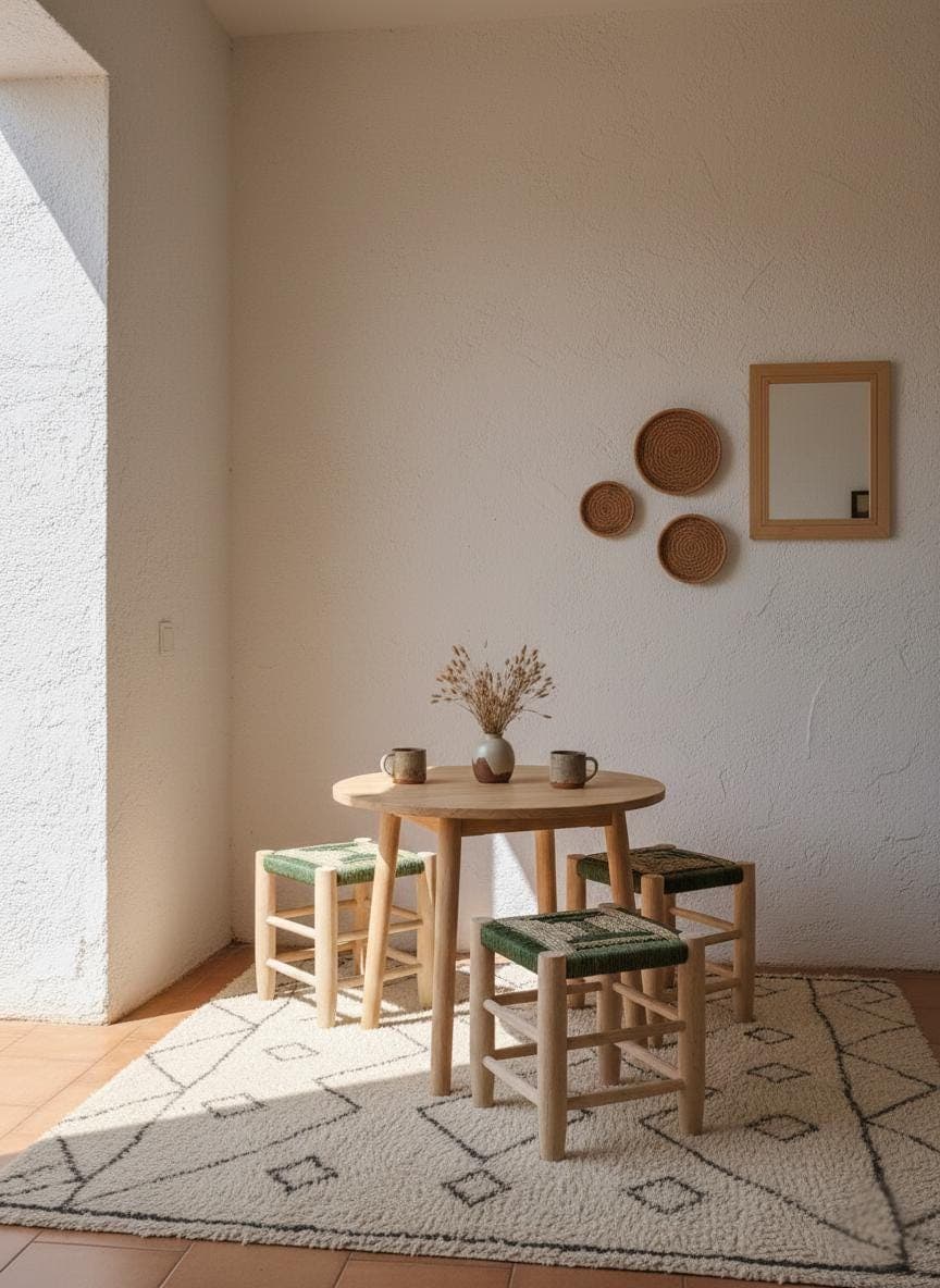 Tabouret marocain artisanal en bois et corde – Siège bohème en paille naturelle tressée