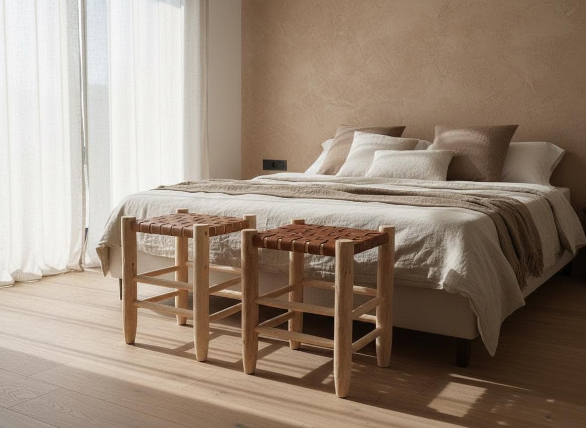 Tabouret artisanal en bois et cuir tressé – cuir foncé ou cuir clair – Style bohème chic et rustique moderne