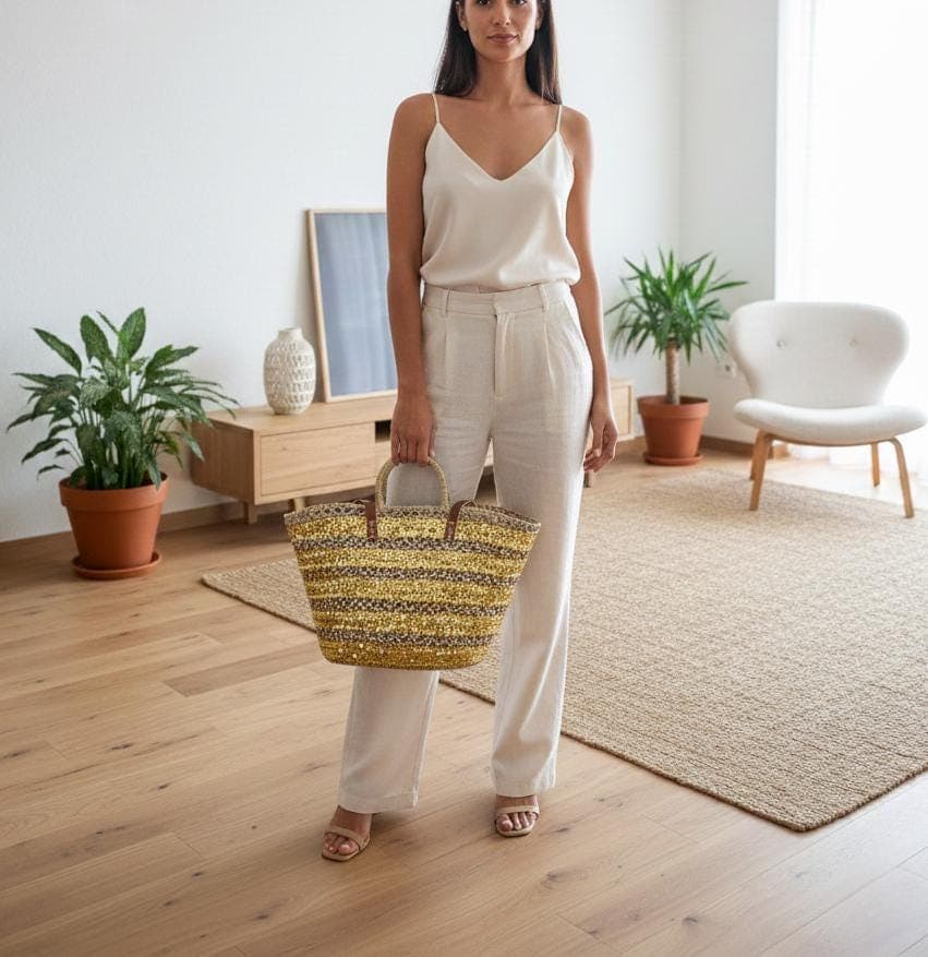 Sac cabas en paille brodée de sequins gris – Anses cuir et fermeture filet – Artisanat marocain chic et bohème