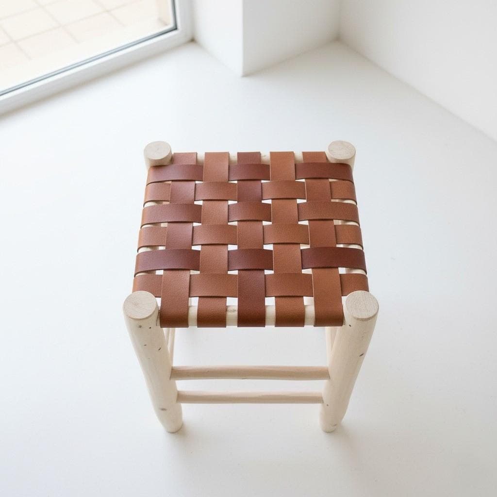 Tabouret en bois et cuir tressé – Design artisanal et esprit bohème chic