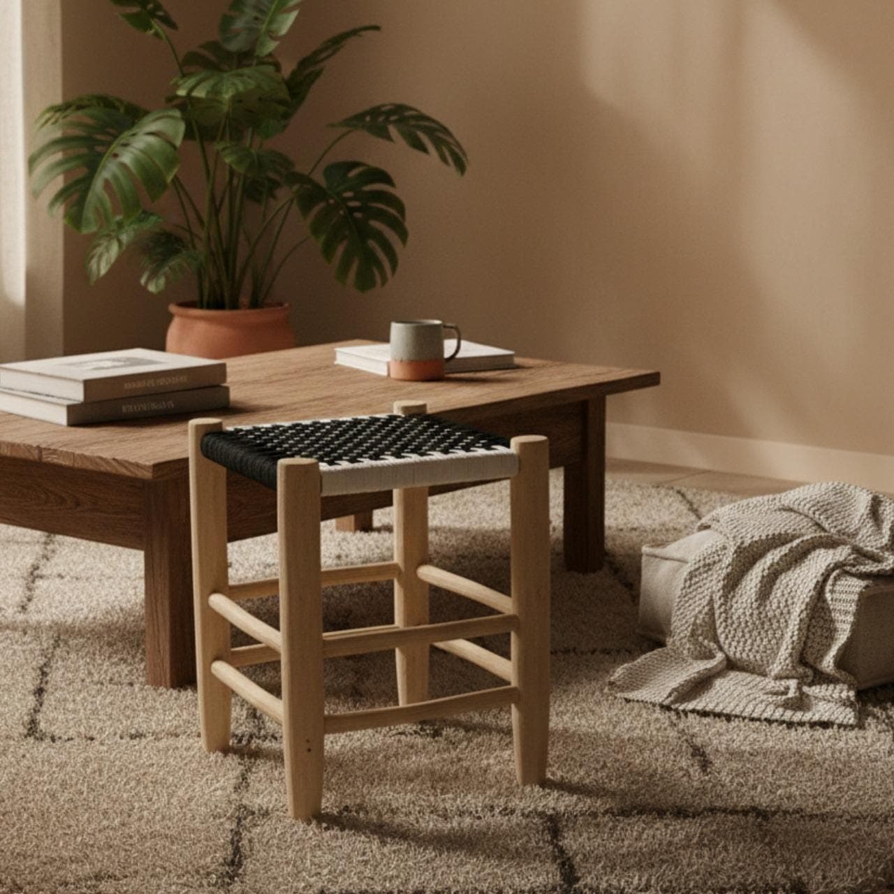 Tabouret artisanal en bois clair et assise tressée – déco naturelle et éthique