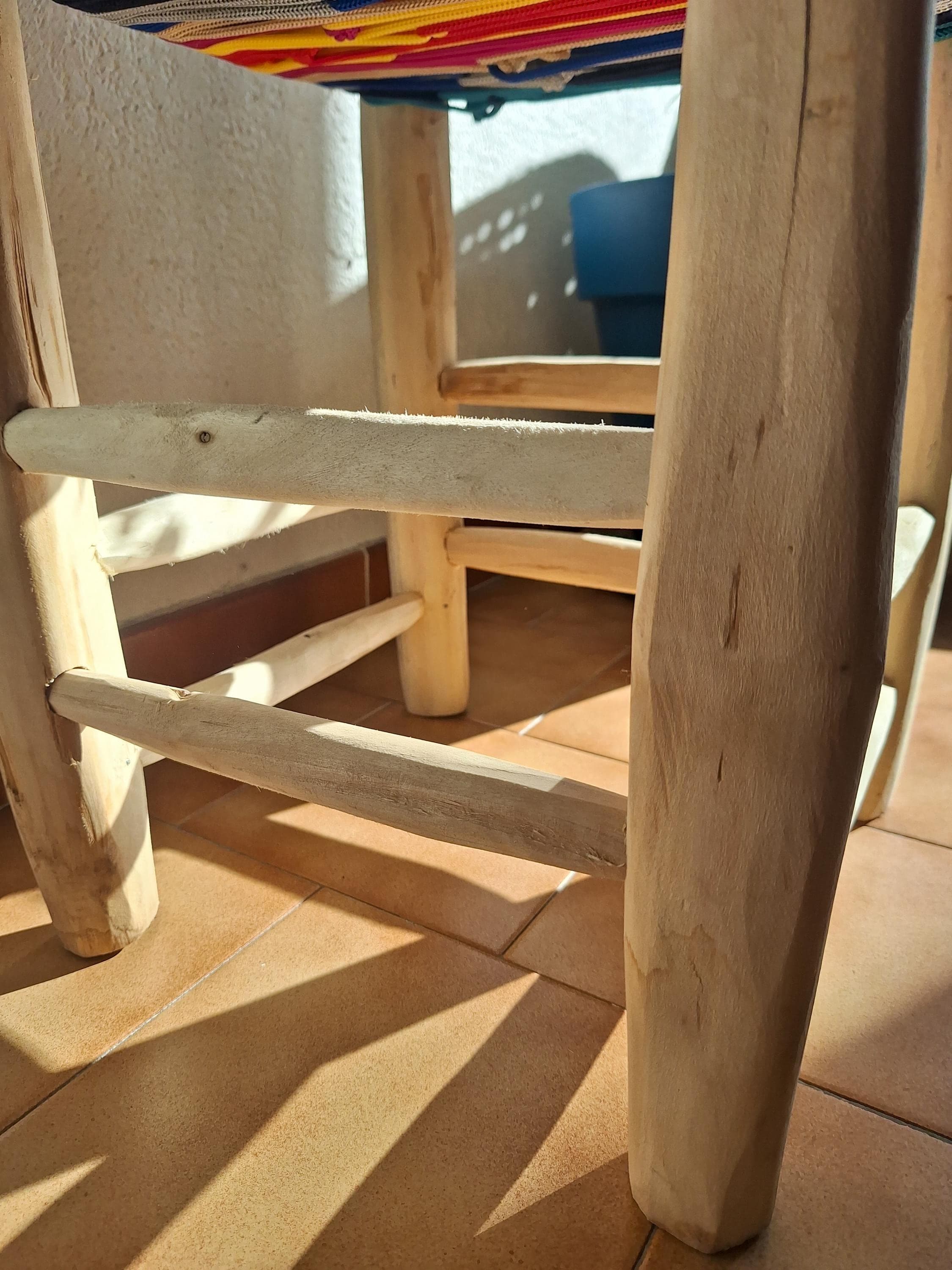 Boho stool in wood and colorful weaving