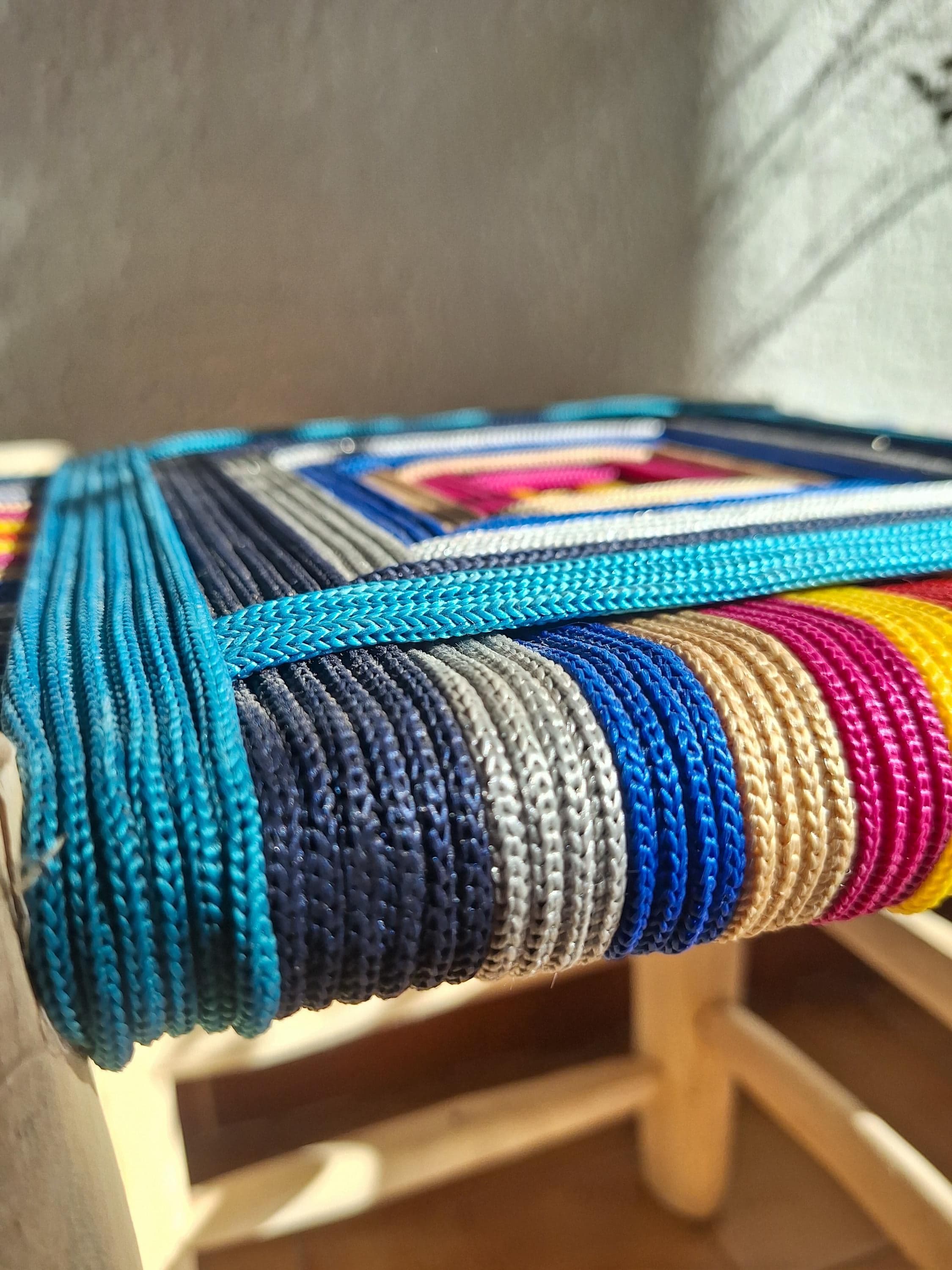 Boho stool in wood and colorful weaving
