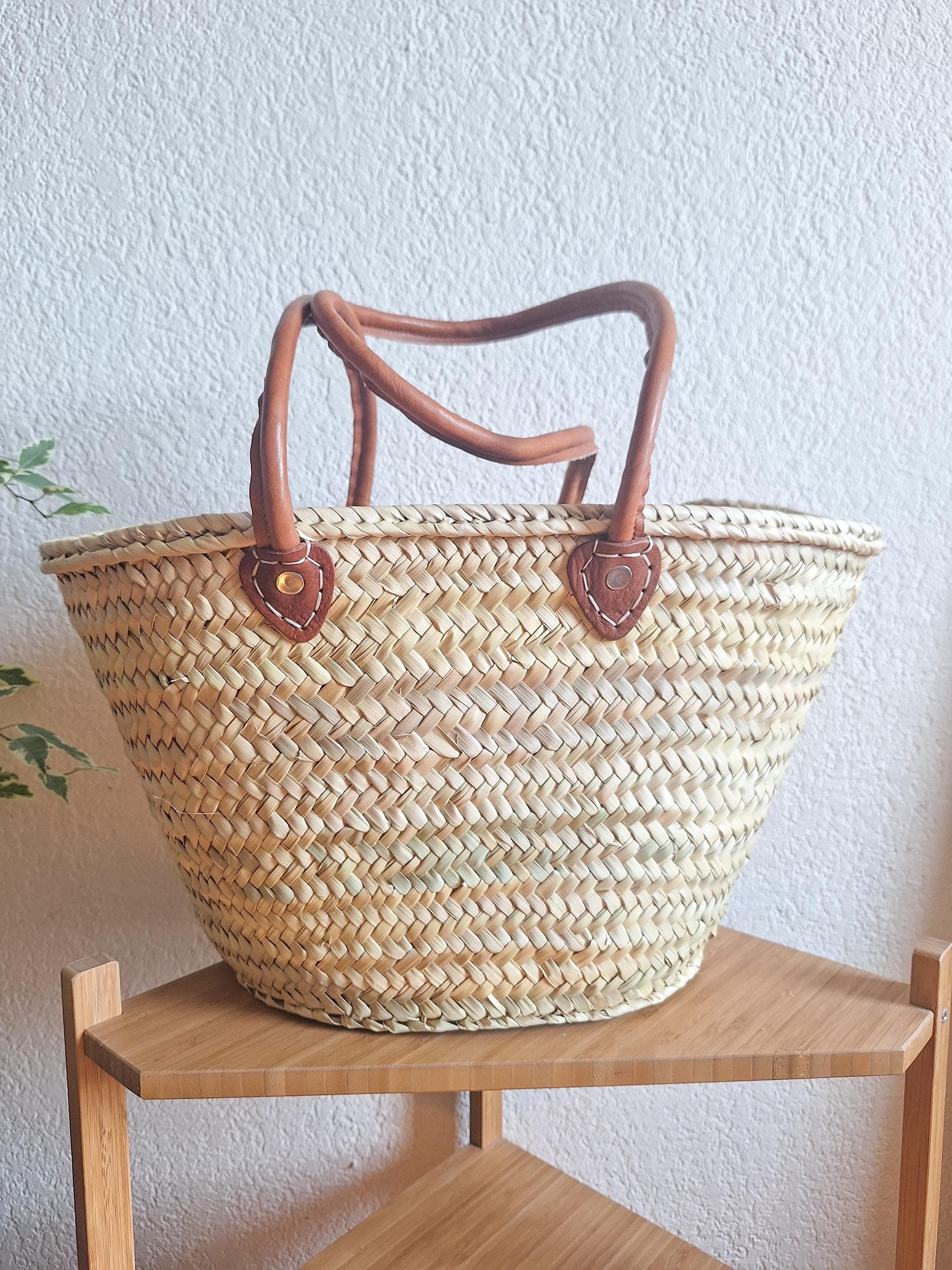 Panier cabas en paille tressée avec anses en cuir – Panier d’été fait main – Sac artisanal marocain bohème chic