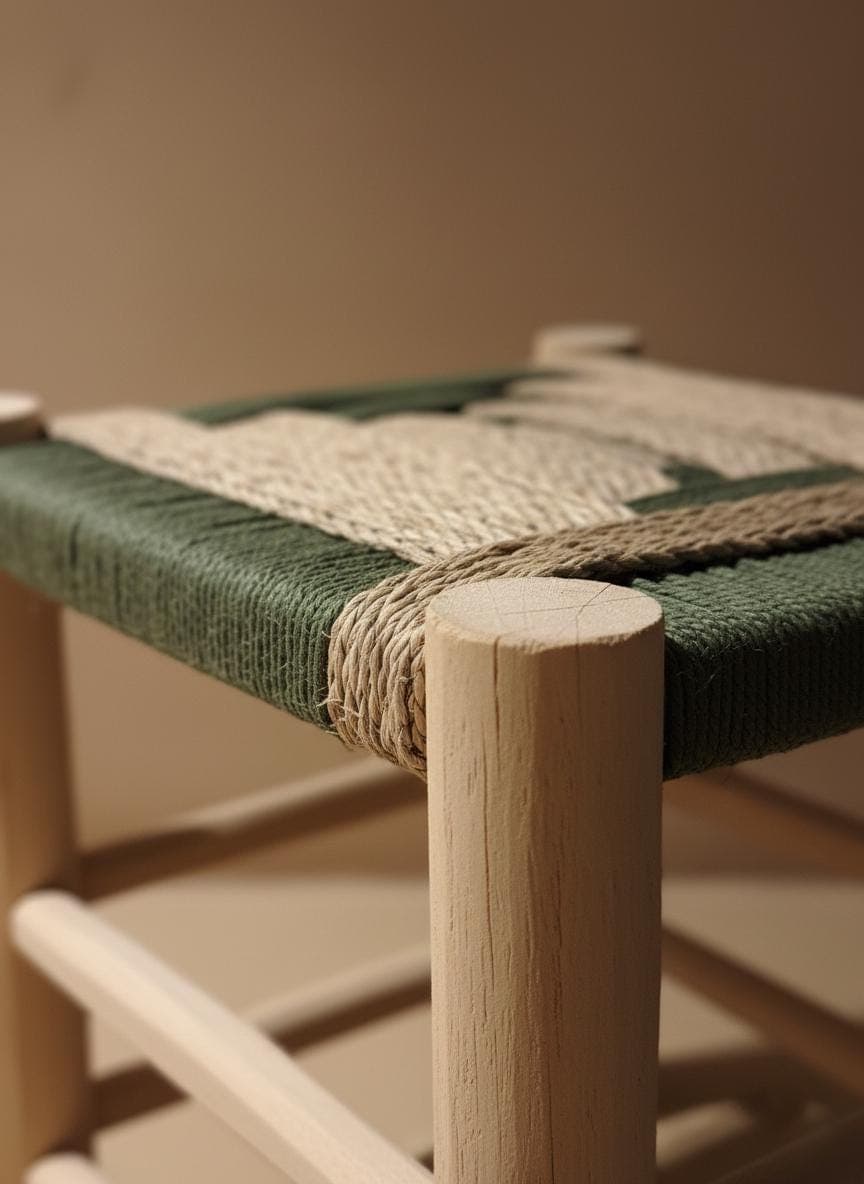 Tabouret marocain artisanal en bois et corde – Siège bohème en paille naturelle tressée