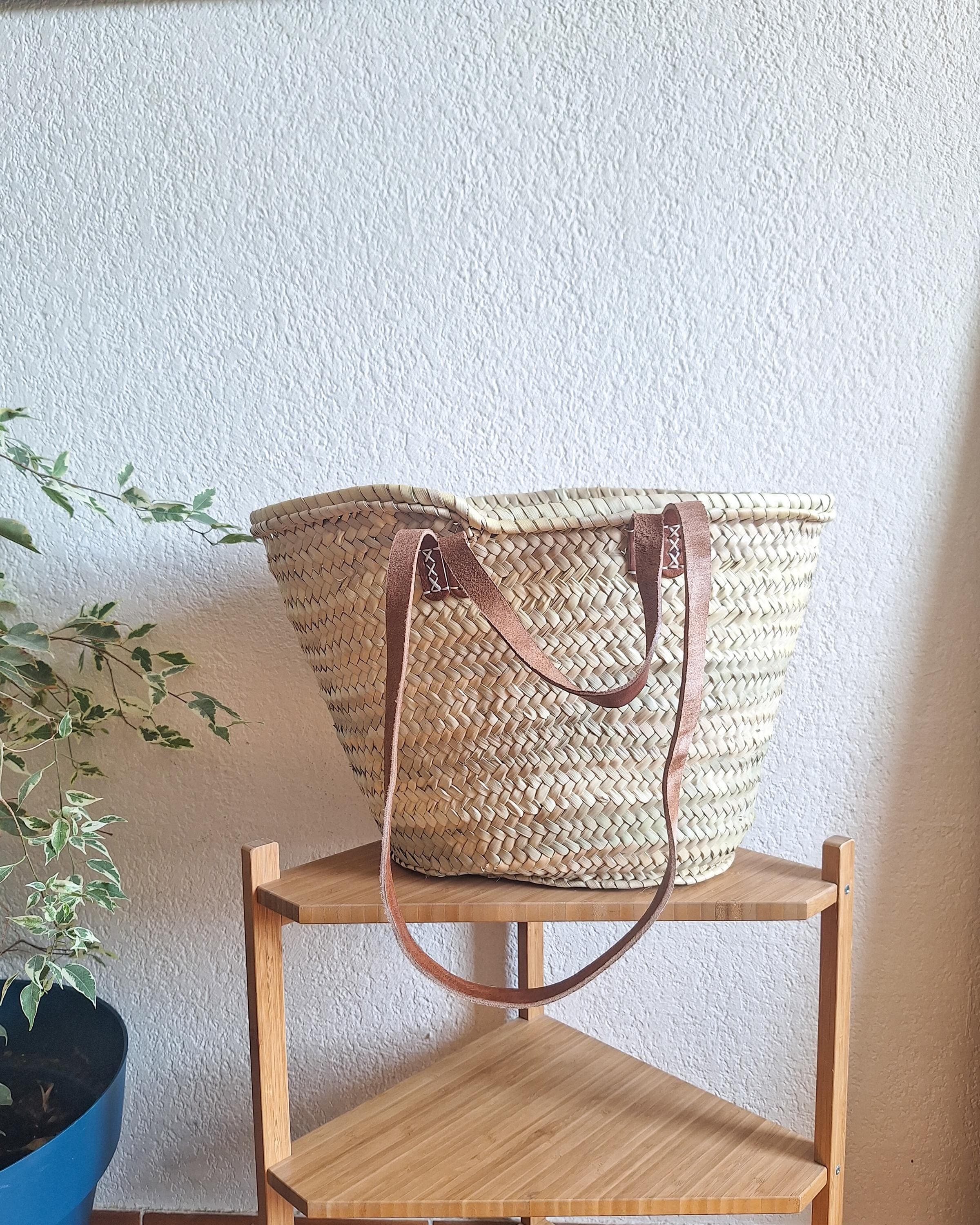 Panier cabas en paille avec double anses cuir