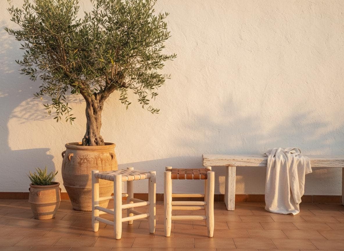 Tabouret artisanal en bois et cuir tressé – cuir foncé ou cuir clair – Style bohème chic et rustique moderne
