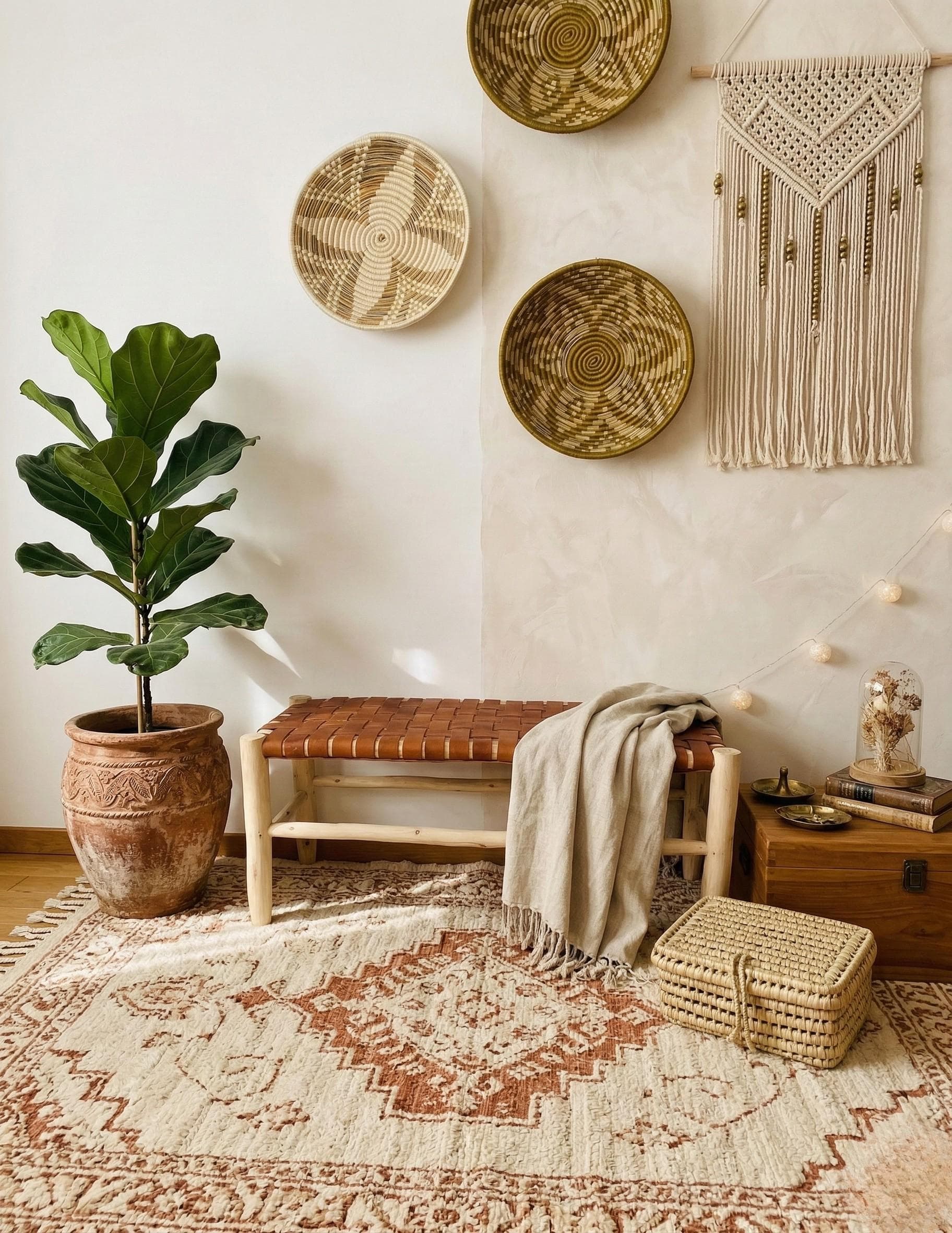 Banc artisanal en bois et cuir tressé – cuir foncé ou cuir clair – Style bohème chic et rustique moderne