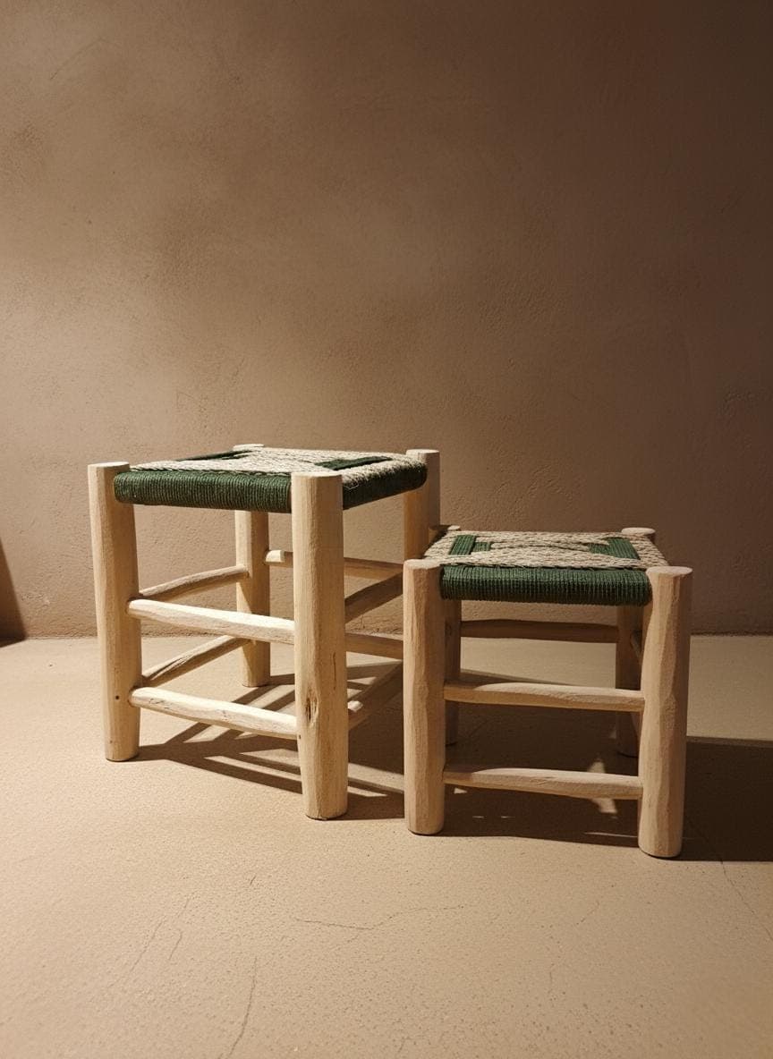 Tabouret marocain artisanal en bois et corde – Siège bohème en paille naturelle tressée