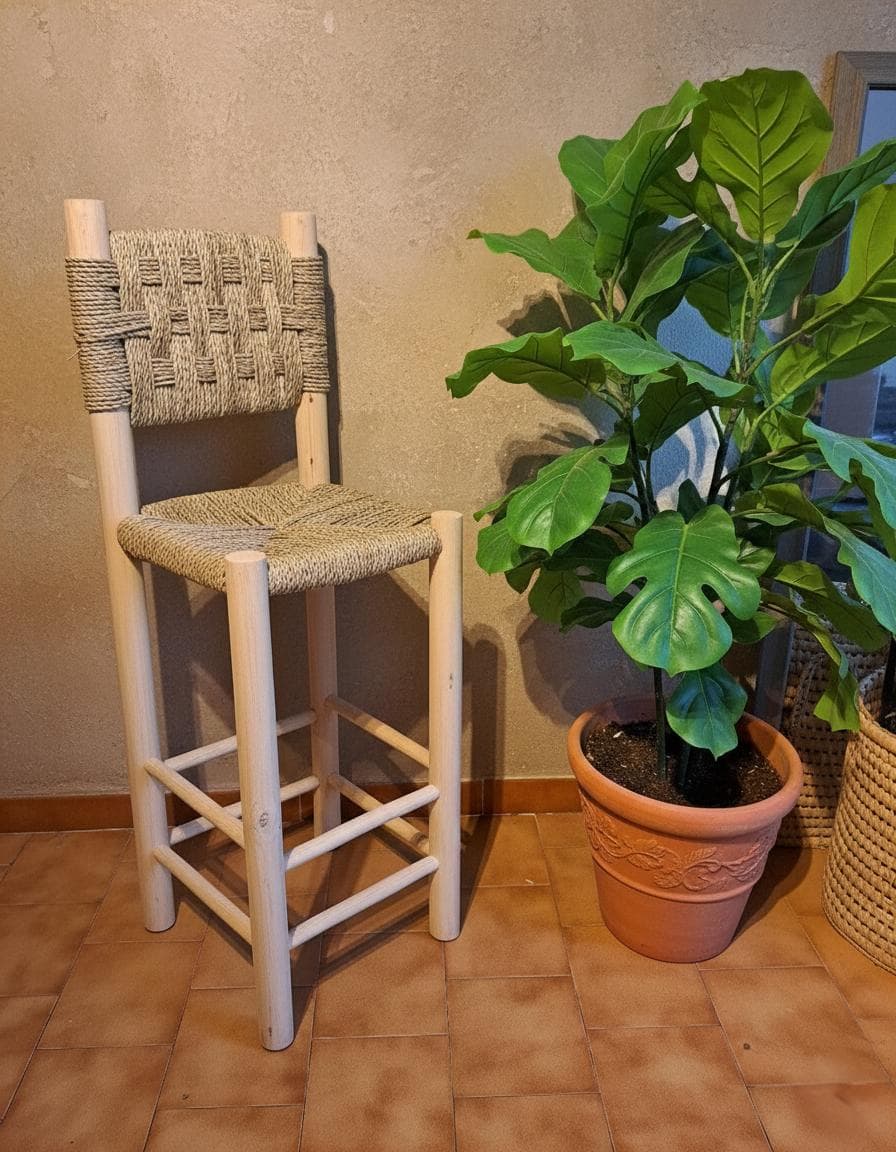 Tabouret de Bar Marocain Fait Main - Bois Eucalyptus et Feuille de Palmier - Chaise Haute Artisanale Bohème