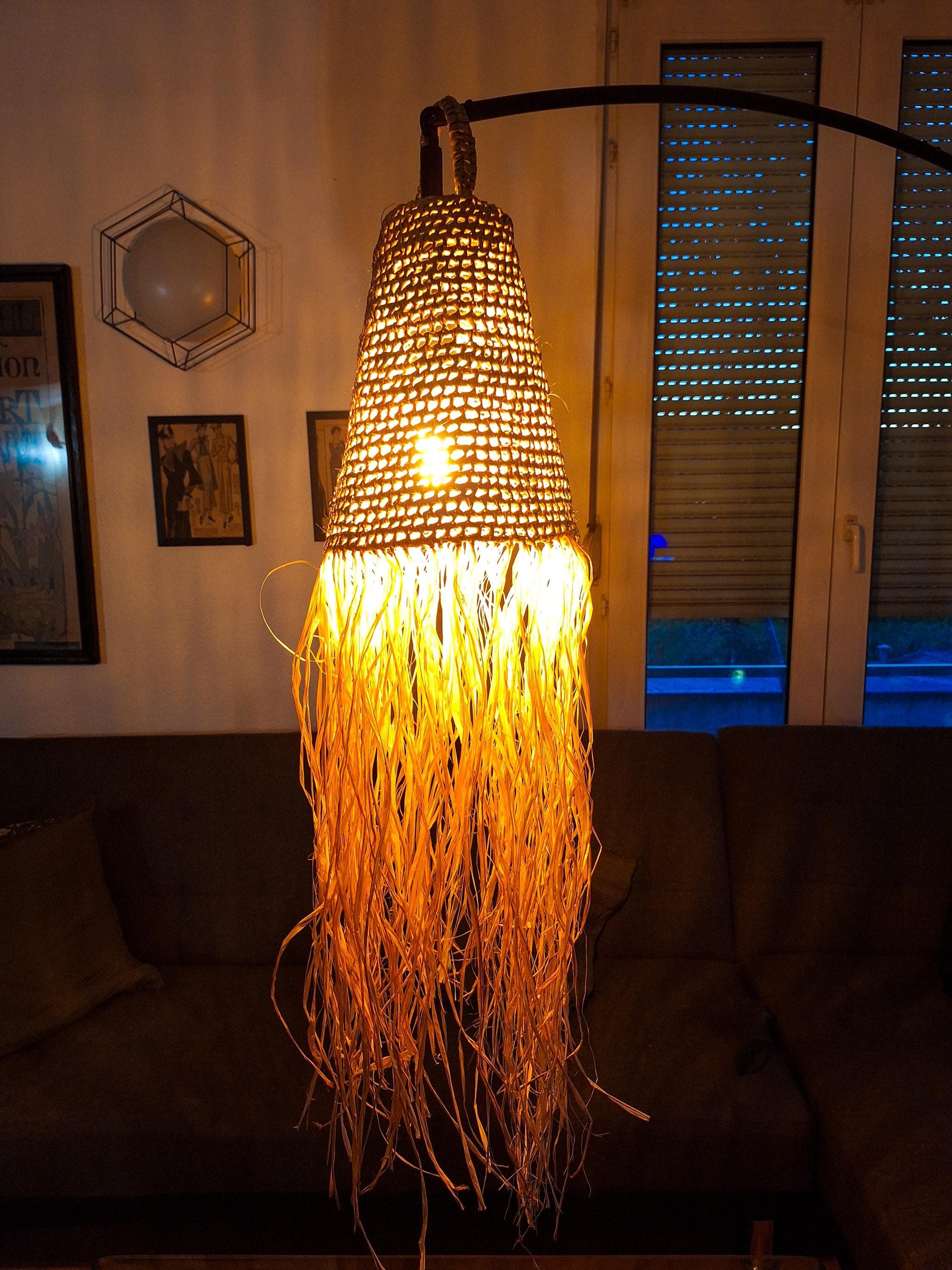 Boho palm leaf pendant light – Woven light fixture with natural fringe