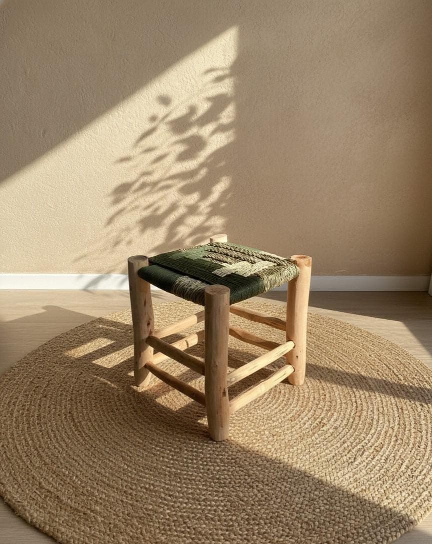 Tabouret marocain artisanal en bois et corde vert