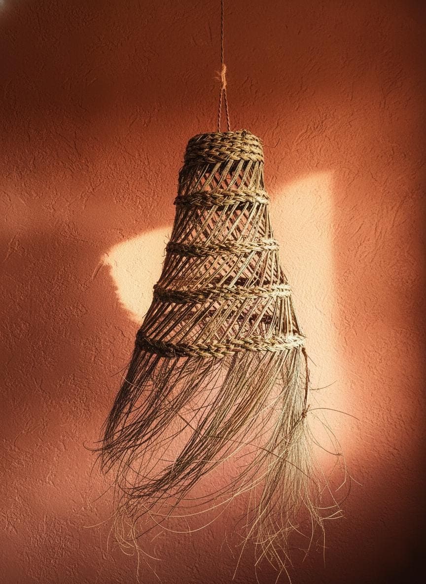 Openwork conical palm leaf pendant light – Natural woven straw lampshade