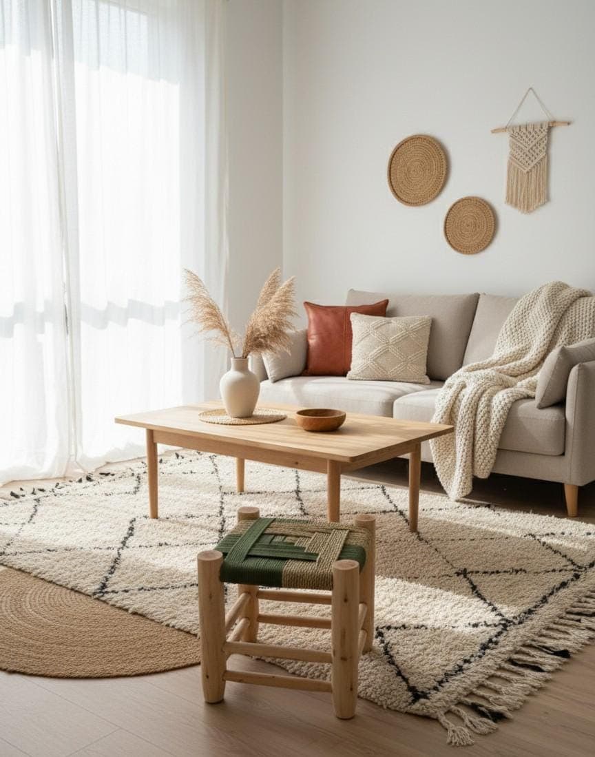 Tabouret marocain artisanal en bois et corde vert
