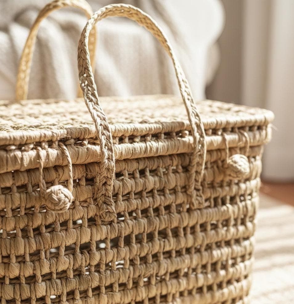 Malle de rangement artisanal en osier – Panier fibres naturelles et déco bohème