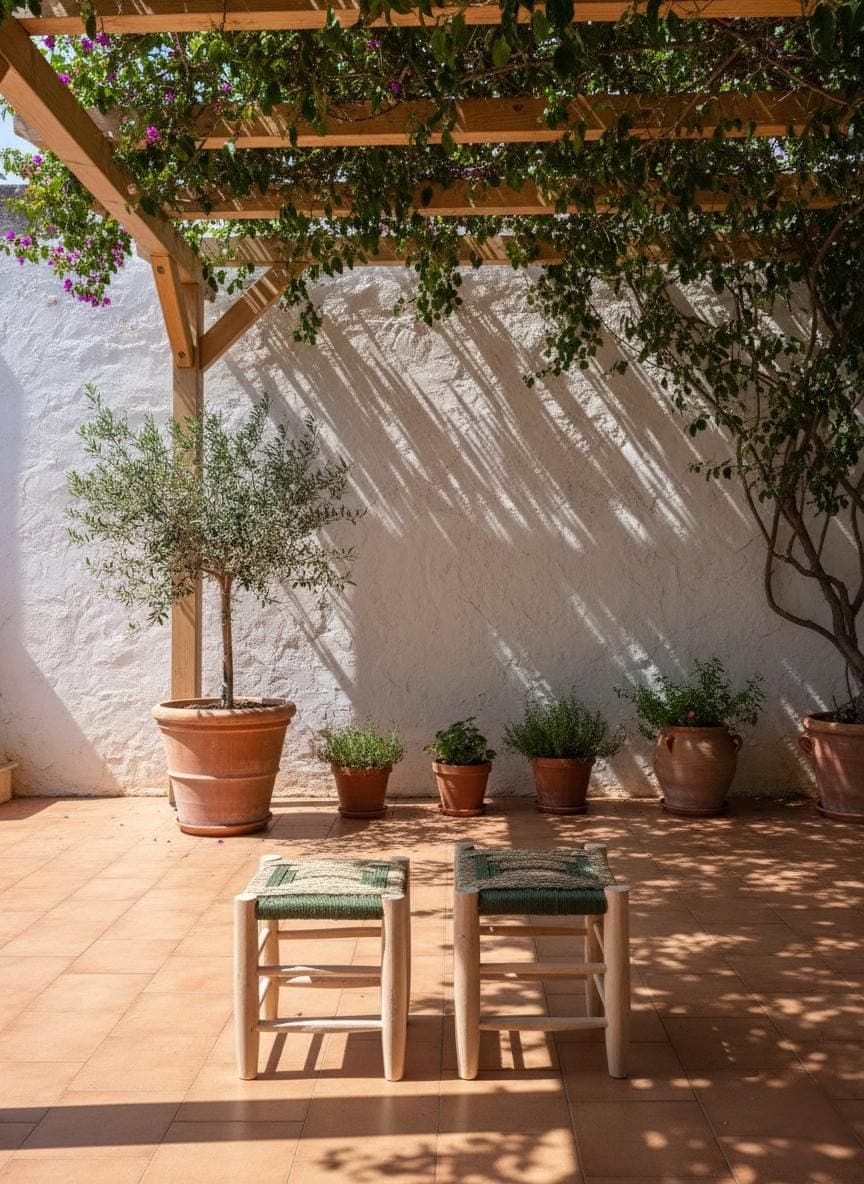 Tabouret marocain artisanal en bois et corde – Siège bohème en paille naturelle tressée