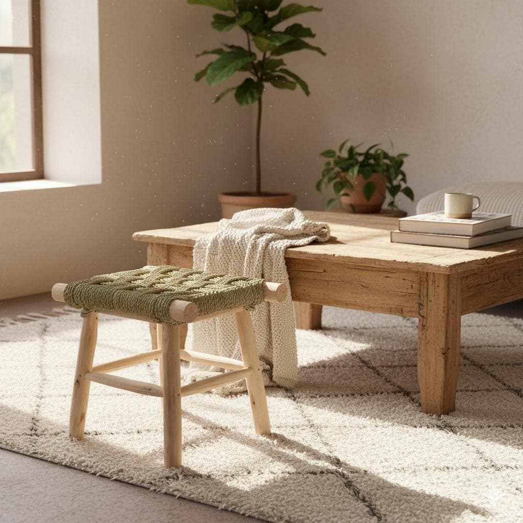 Tabouret marocain en bois et feuille de palmier tressée – Siège artisanal bohème en fibres naturelles