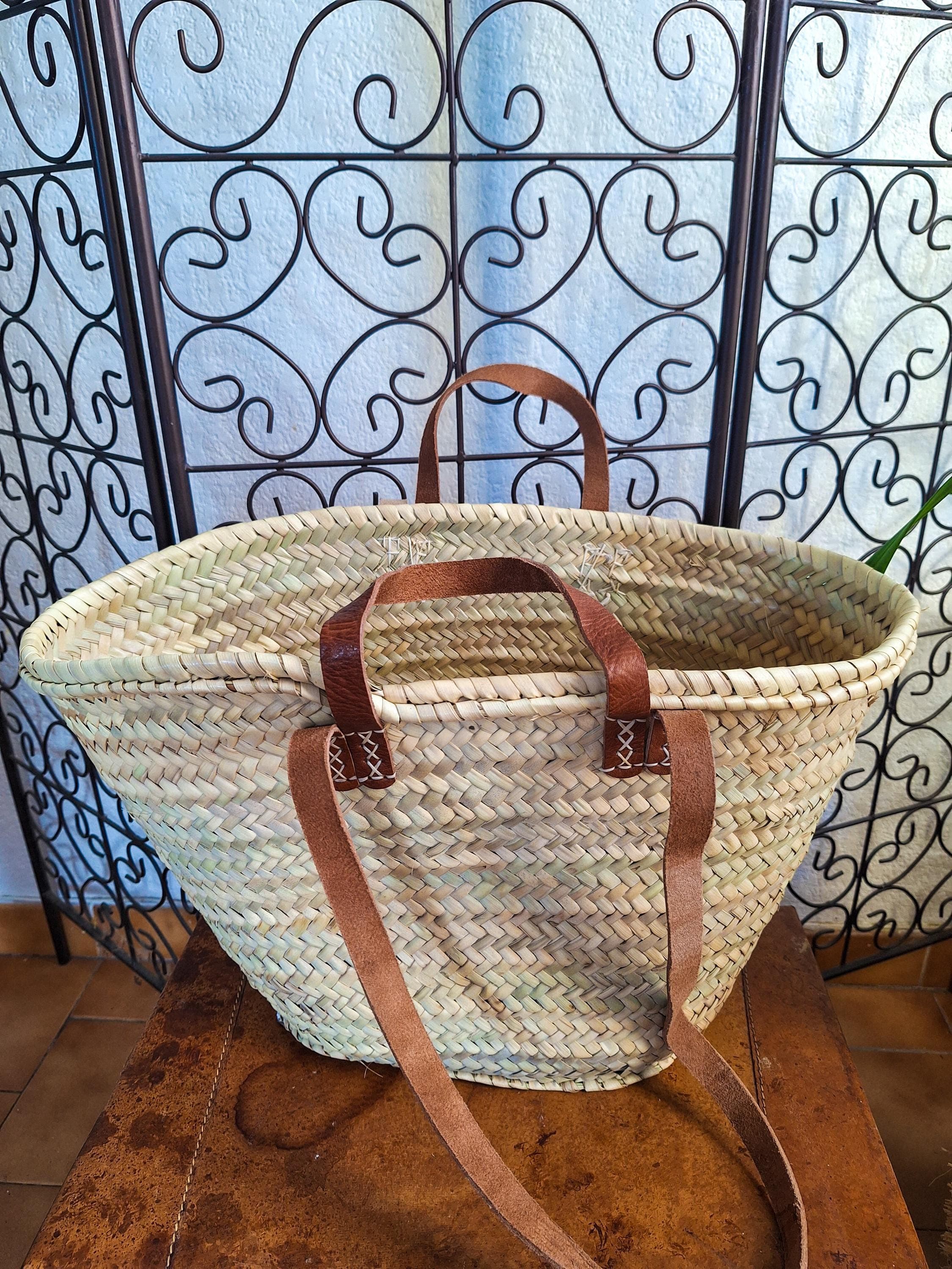 Panier cabas en paille avec double anses cuir – Sac bohème chic artisanal marocain