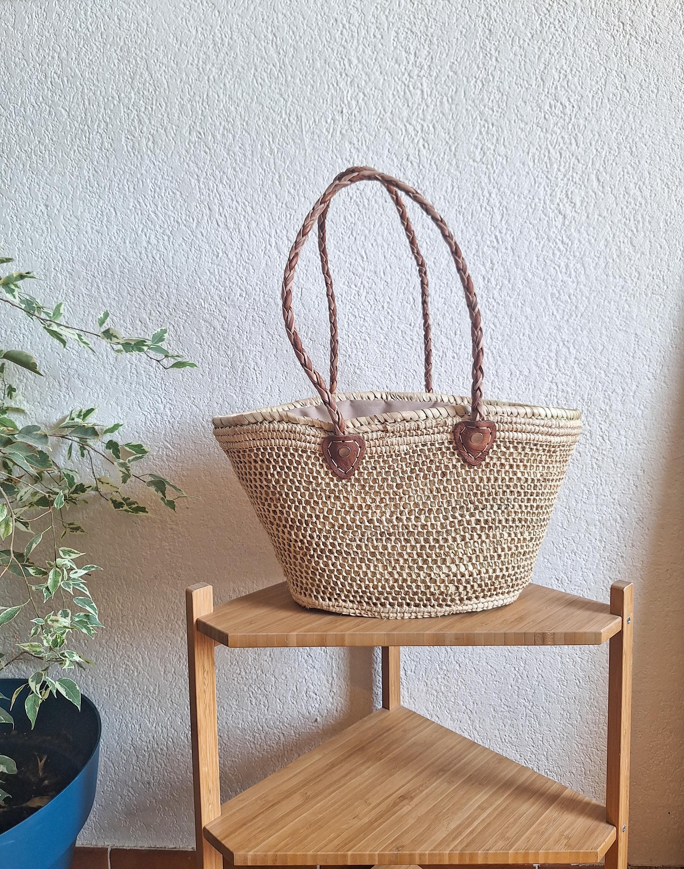 Woven straw basket with leather handles – Boho chic tote bag – Handmade summer bag