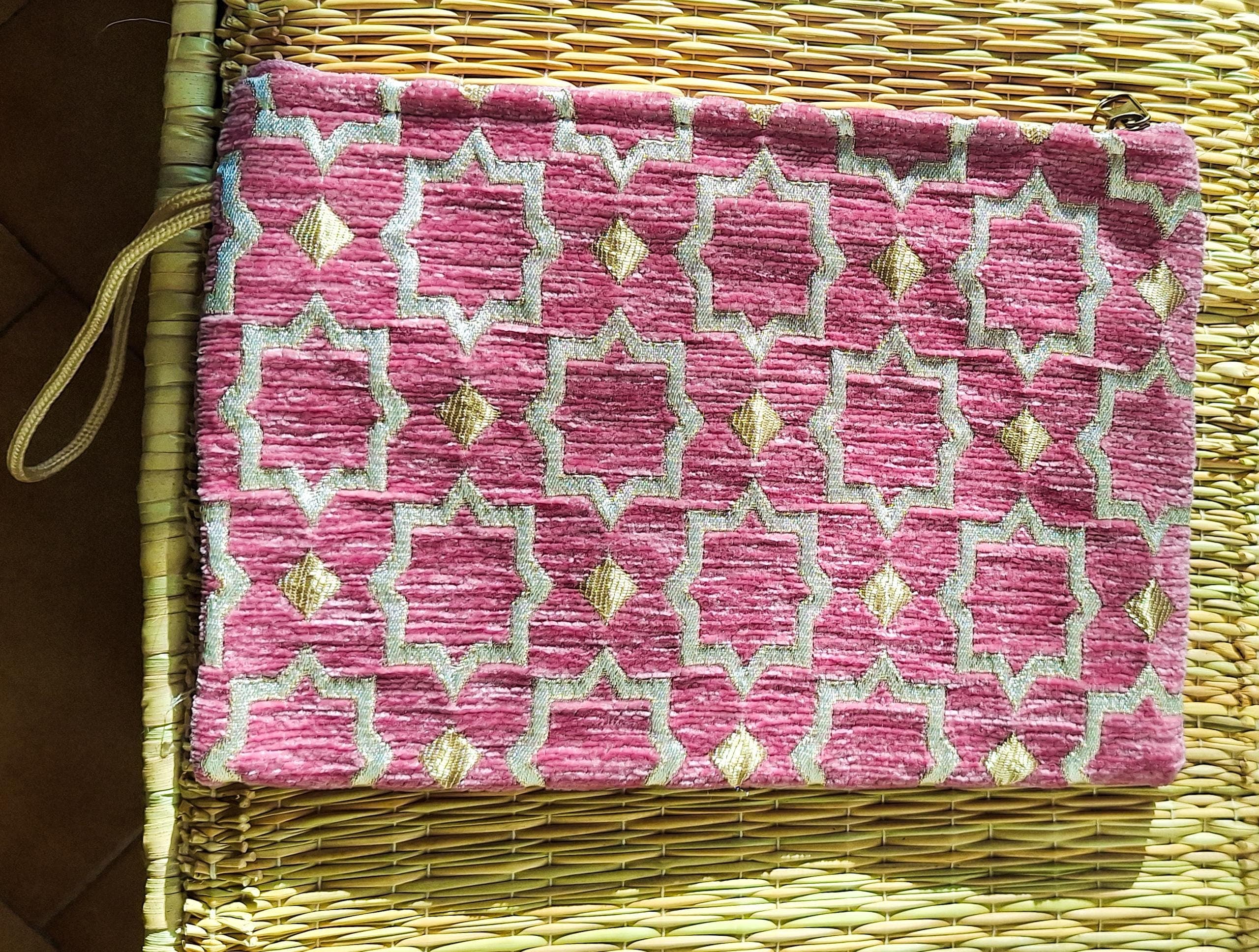 Pochette Zippée Velours Brocard Marocain - Trousse Maquillage Artisanale - Sac à Main Ethnique Fait Main - 10 teintes raffinées