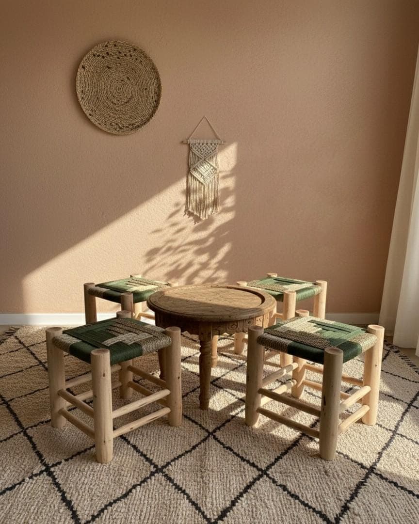 Tabouret marocain artisanal en bois et corde vert