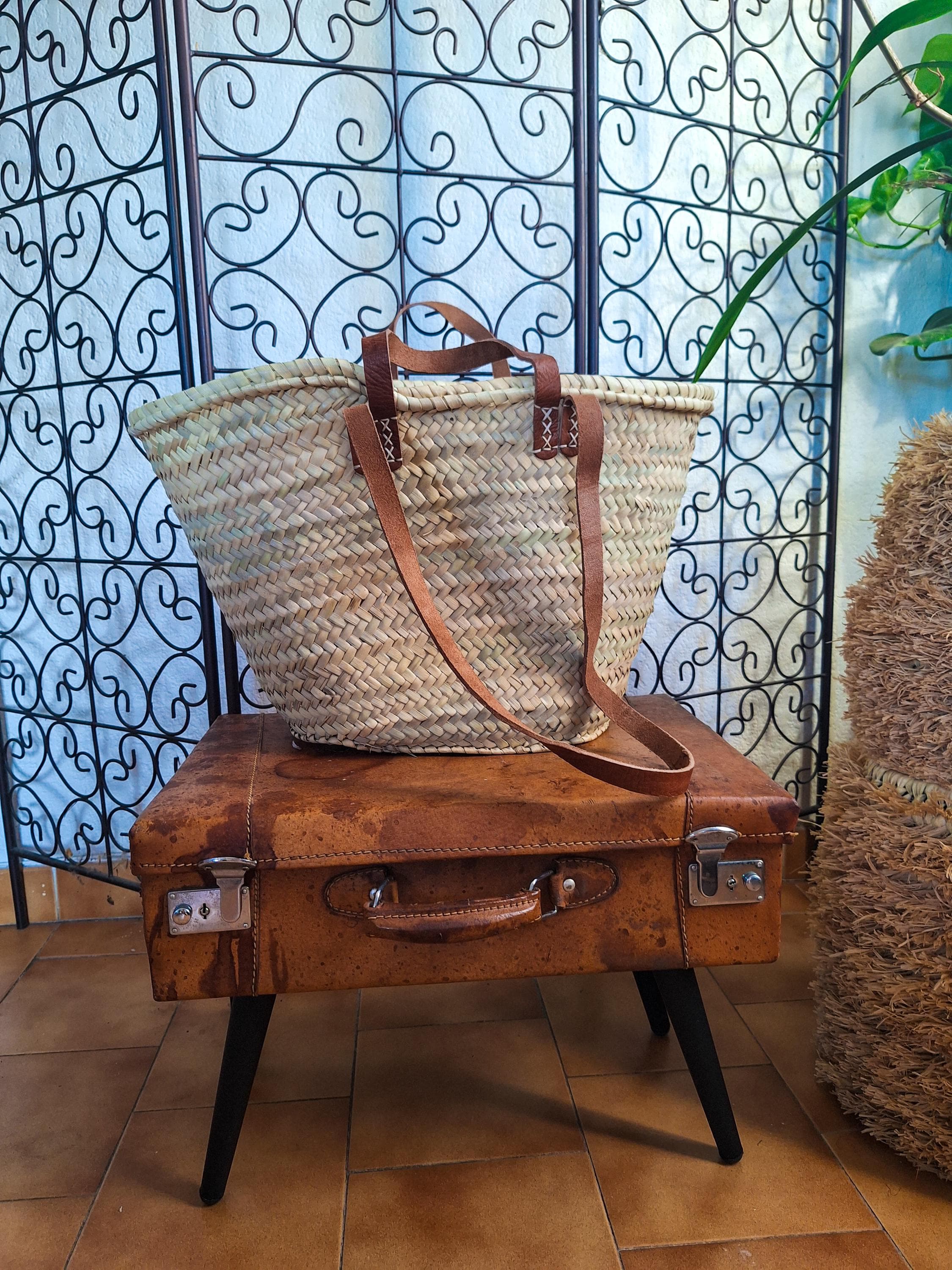 Straw tote bag with double leather handles – Handmade Moroccan boho chic bag