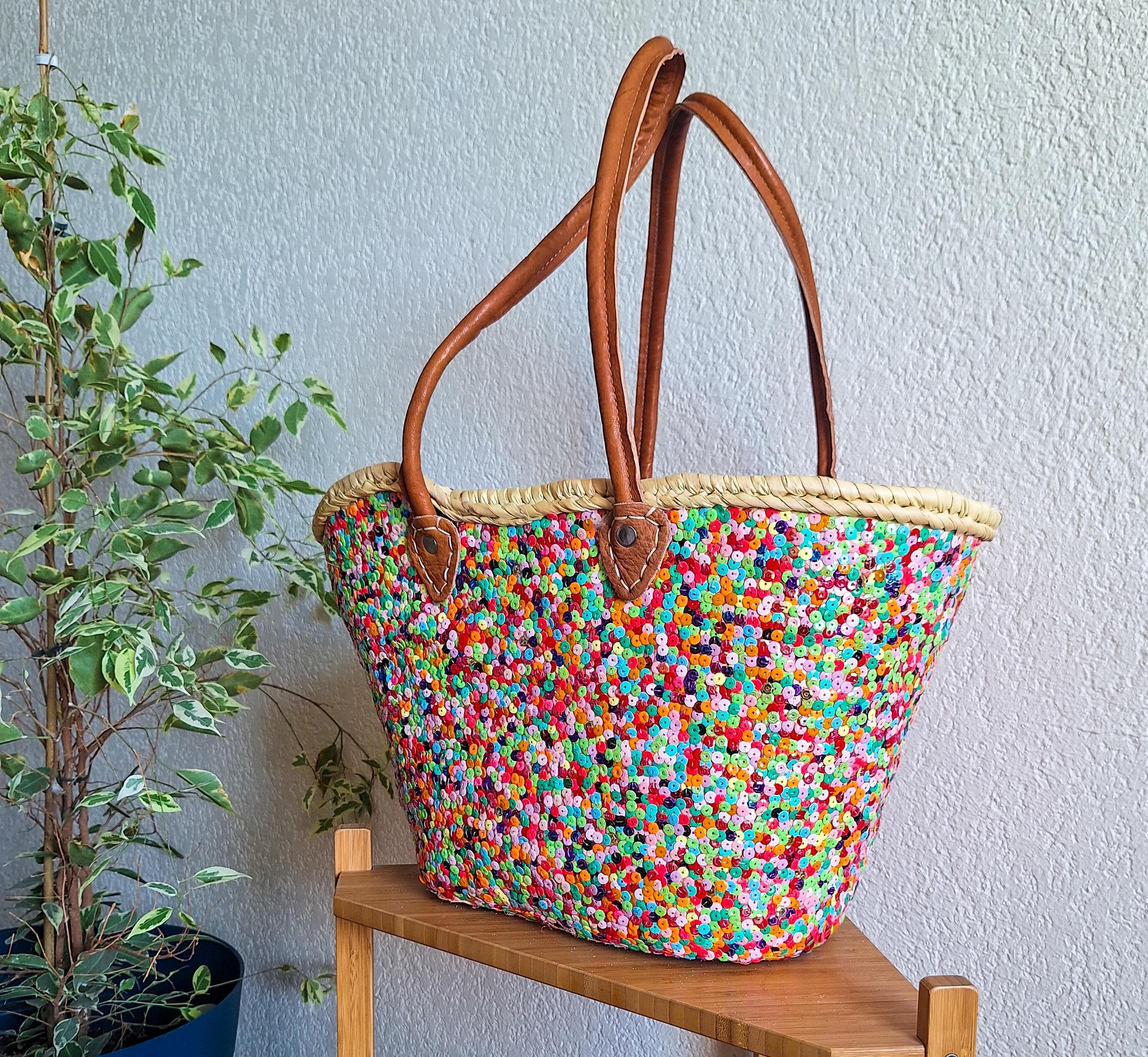 Moroccan Handwoven Sequin Straw Tote Bag - Colorful Sequin Beach and Market Basket with Leather Handles