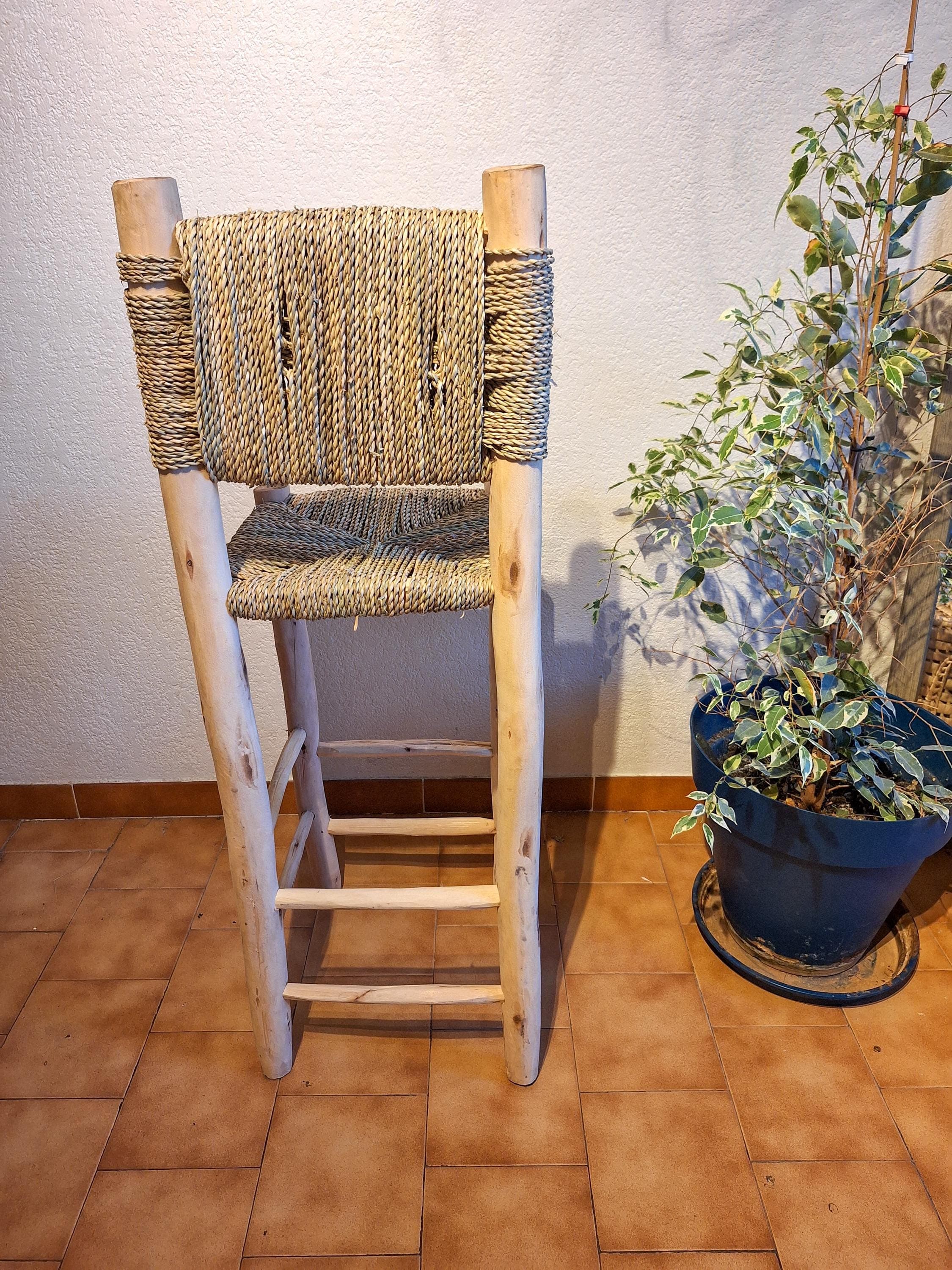 Tabouret de Bar Marocain Fait Main - Bois Eucalyptus & Feuille de Palmier - Chaise Haute Artisanale Bohème