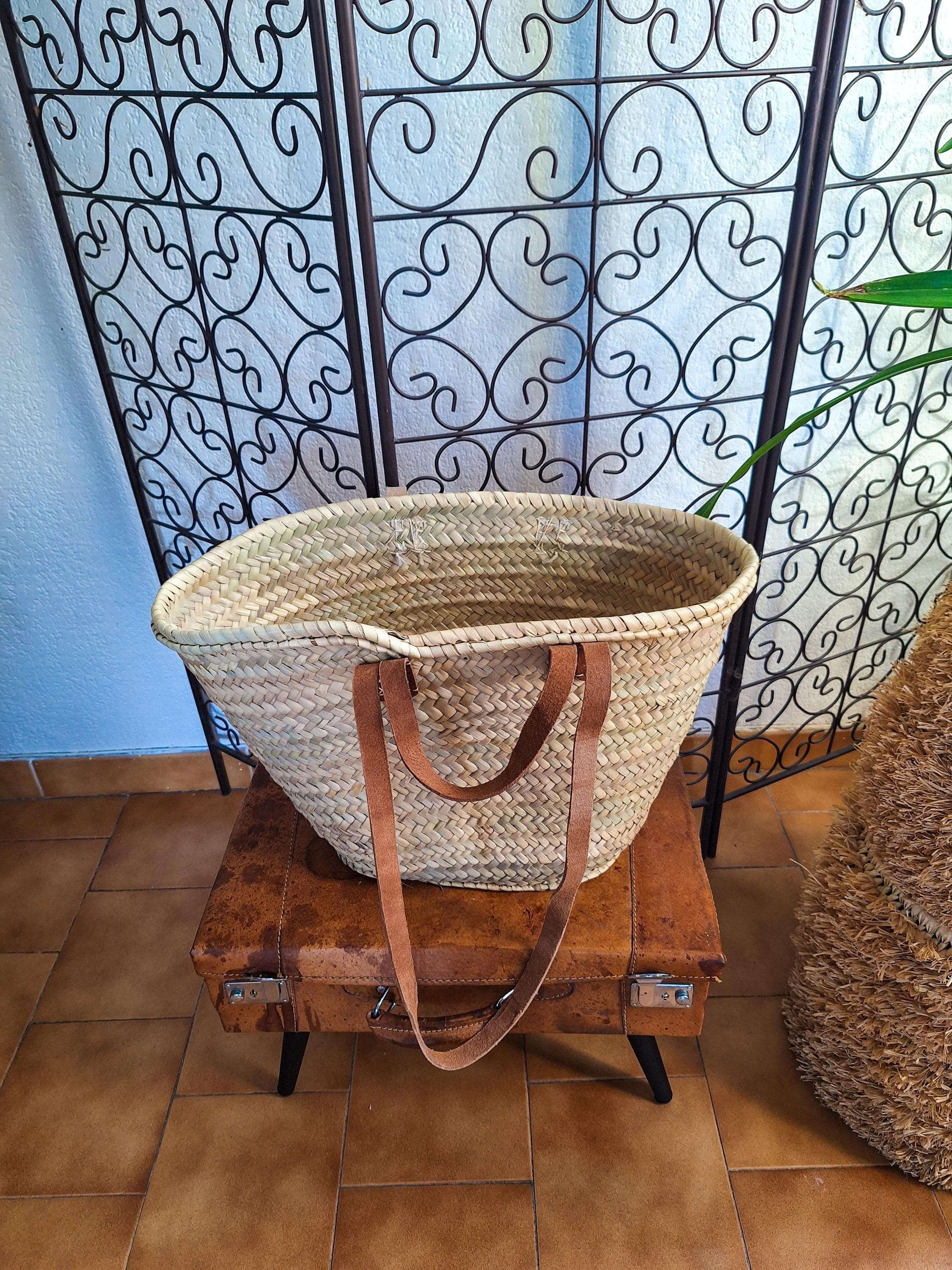 Panier cabas en paille avec double anses cuir – Sac bohème chic artisanal marocain